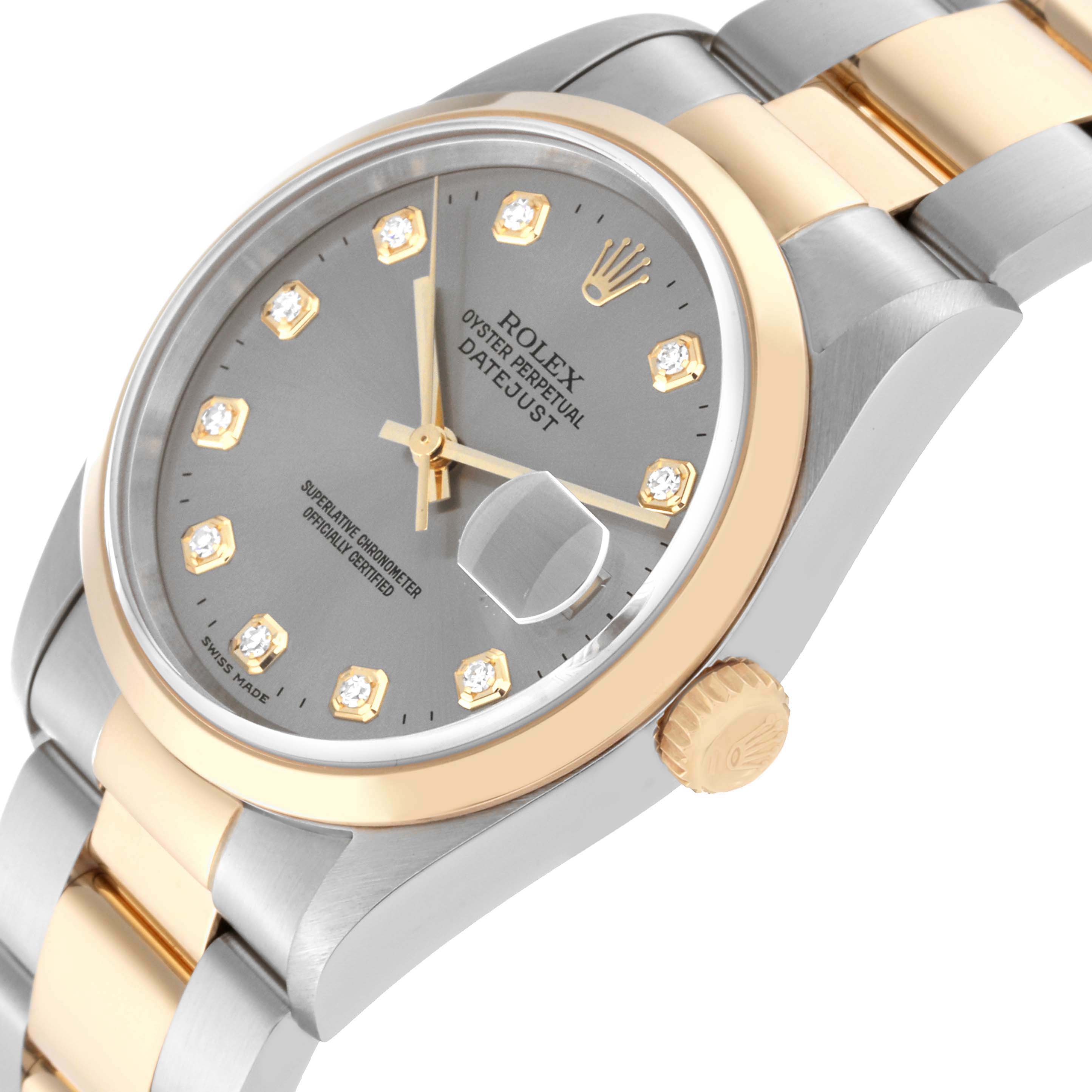 The Rolex Datejust 16203 Men's Steel and Gold (two tone) Grey Dial 16203 Men's Steel and Gold (two tone) Grey Dial watch is shown at a tilted angle, highlighting its dial, bezel, crown, and part of the bracelet.