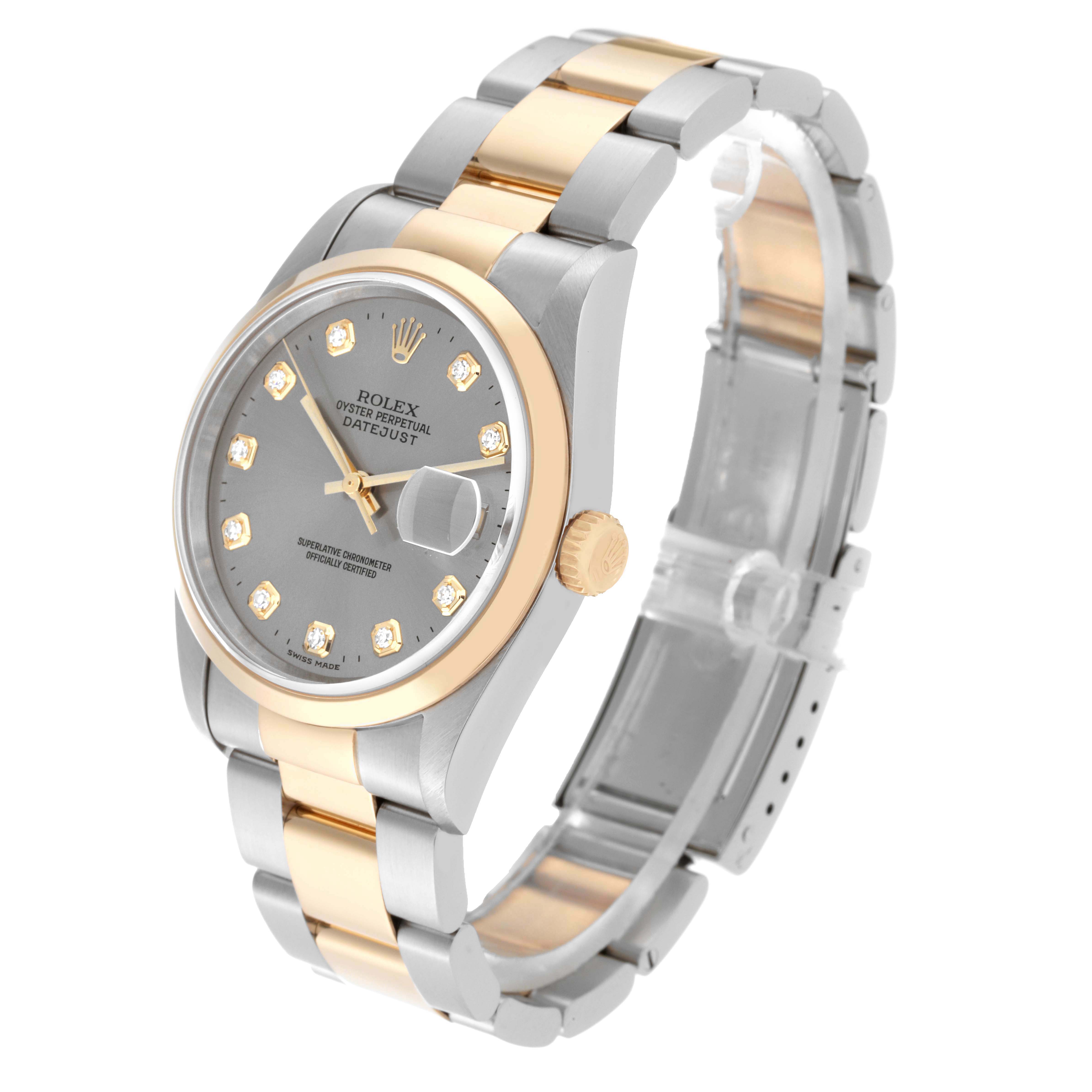 This Rolex Datejust 16203 Men's Steel and Gold (two tone) Grey Dial 16203 Men's Steel and Gold (two tone) Grey Dial watch is shown at a slight angle, highlighting its face, bezel, bracelet, and crown.