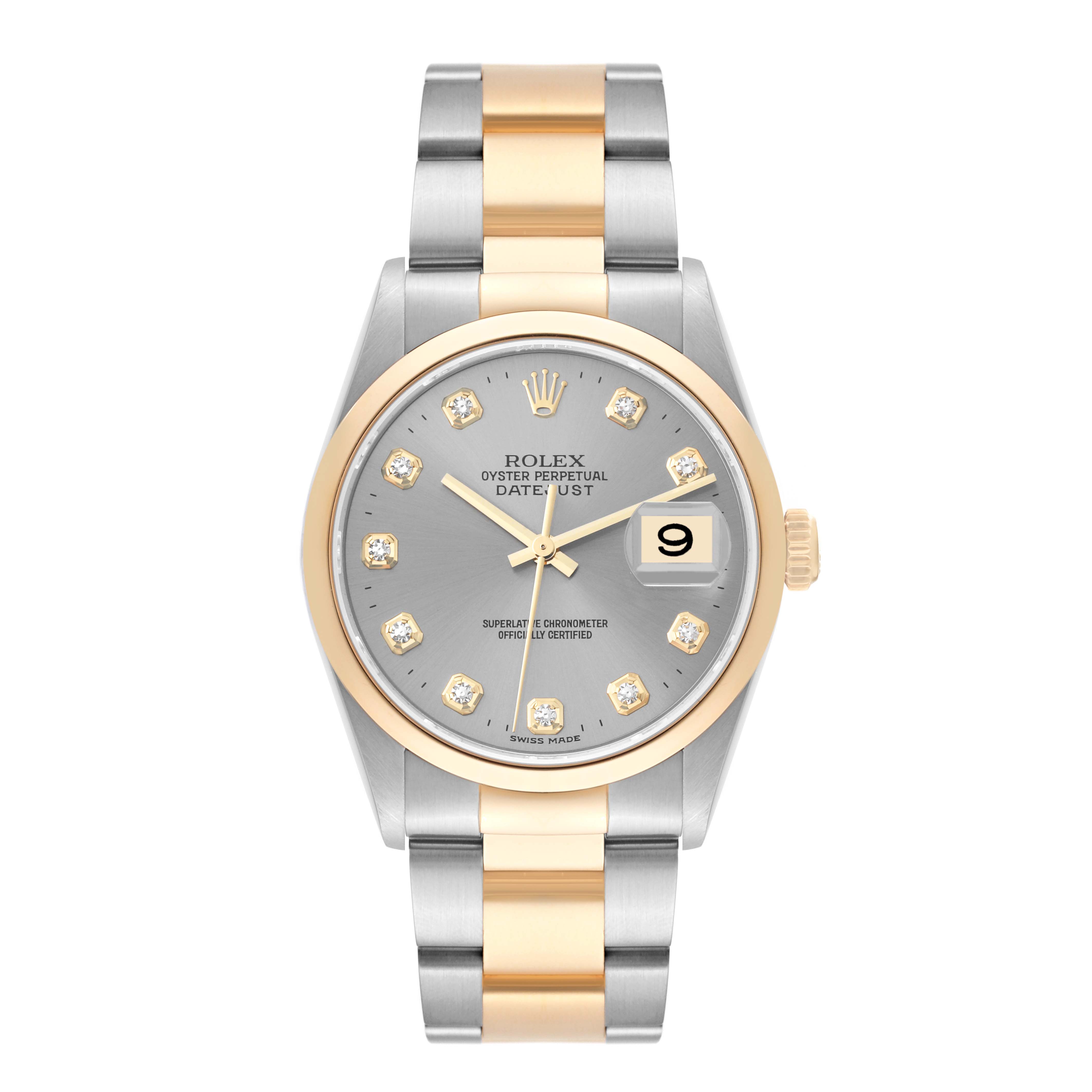 The Rolex Datejust 16203 Men's Steel and Gold (two tone) Grey Dial 16203 Men's Steel and Gold (two tone) Grey Dial model is shown from the front, highlighting the dial, bezel, and two-tone bracelet.