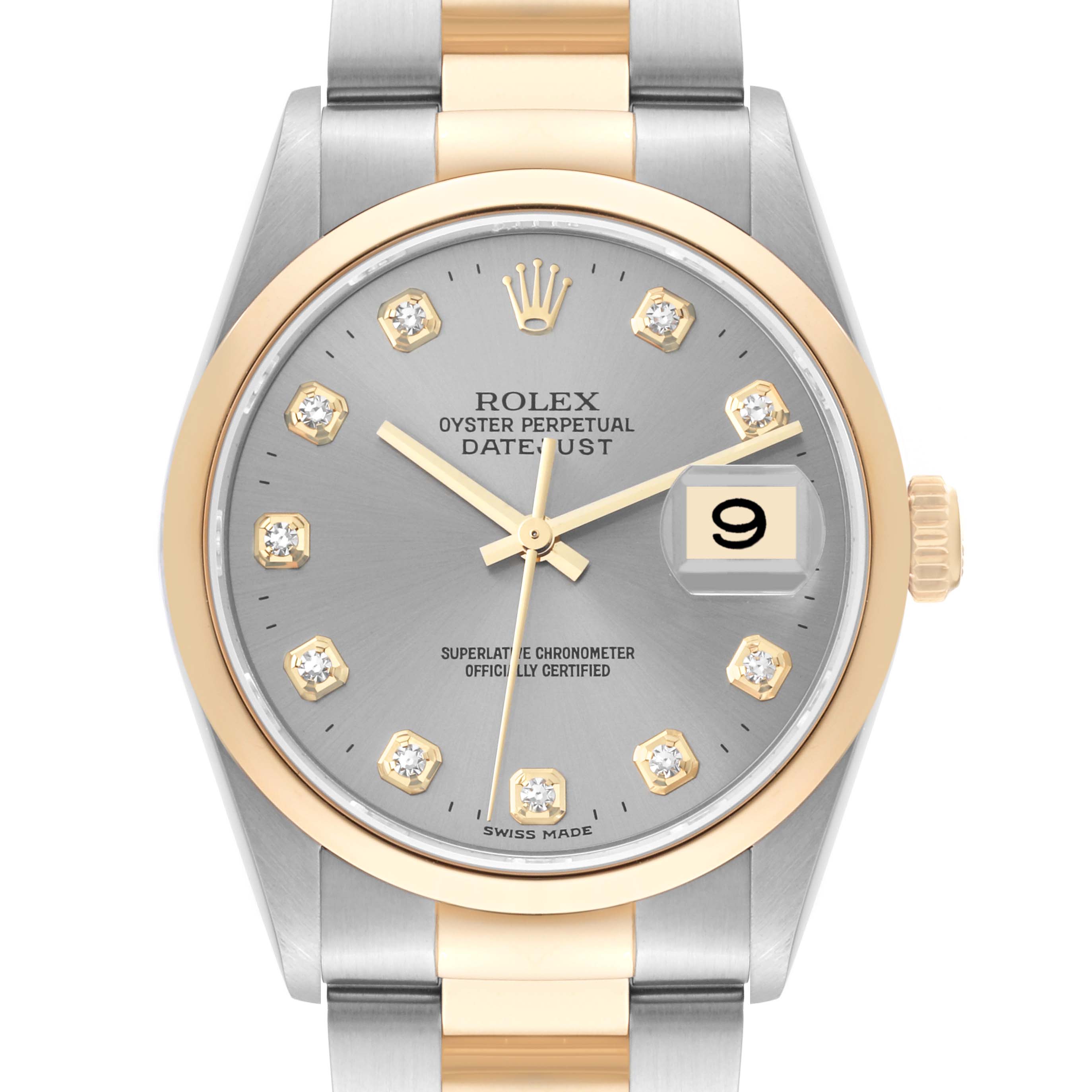 This image shows a front view of the Rolex Datejust 16203 Men's Steel and Gold (two tone) Grey Dial 16203 Men's Steel and Gold (two tone) Grey Dial watch, highlighting the face, bezel, crown, and bracelet.