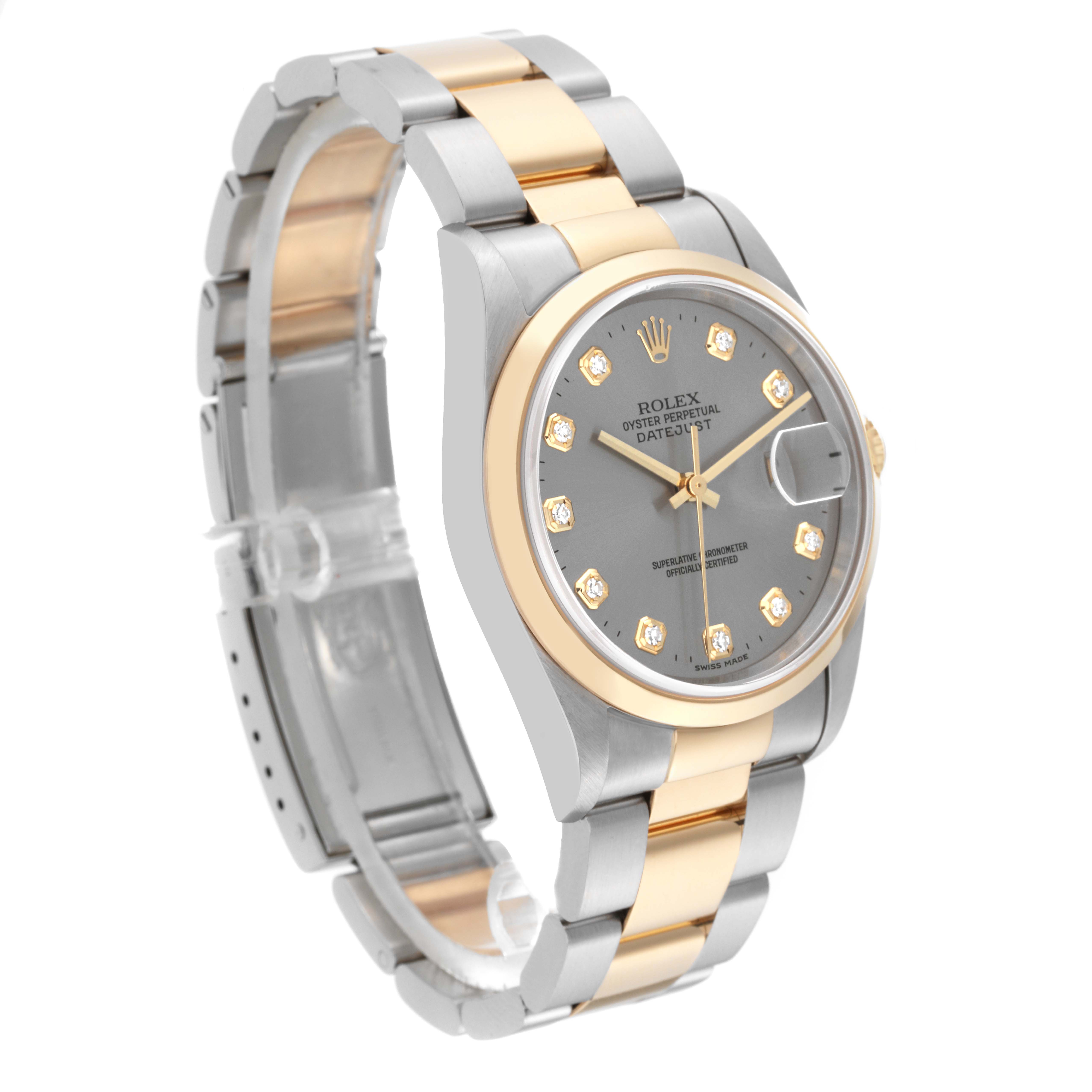 The image shows a side angle view of a Rolex Datejust 16203 Men's Steel and Gold (two tone) Grey Dial 16203 Men's Steel and Gold (two tone) Grey Dial watch, highlighting its two-tone metal bracelet and diamond hour markers.