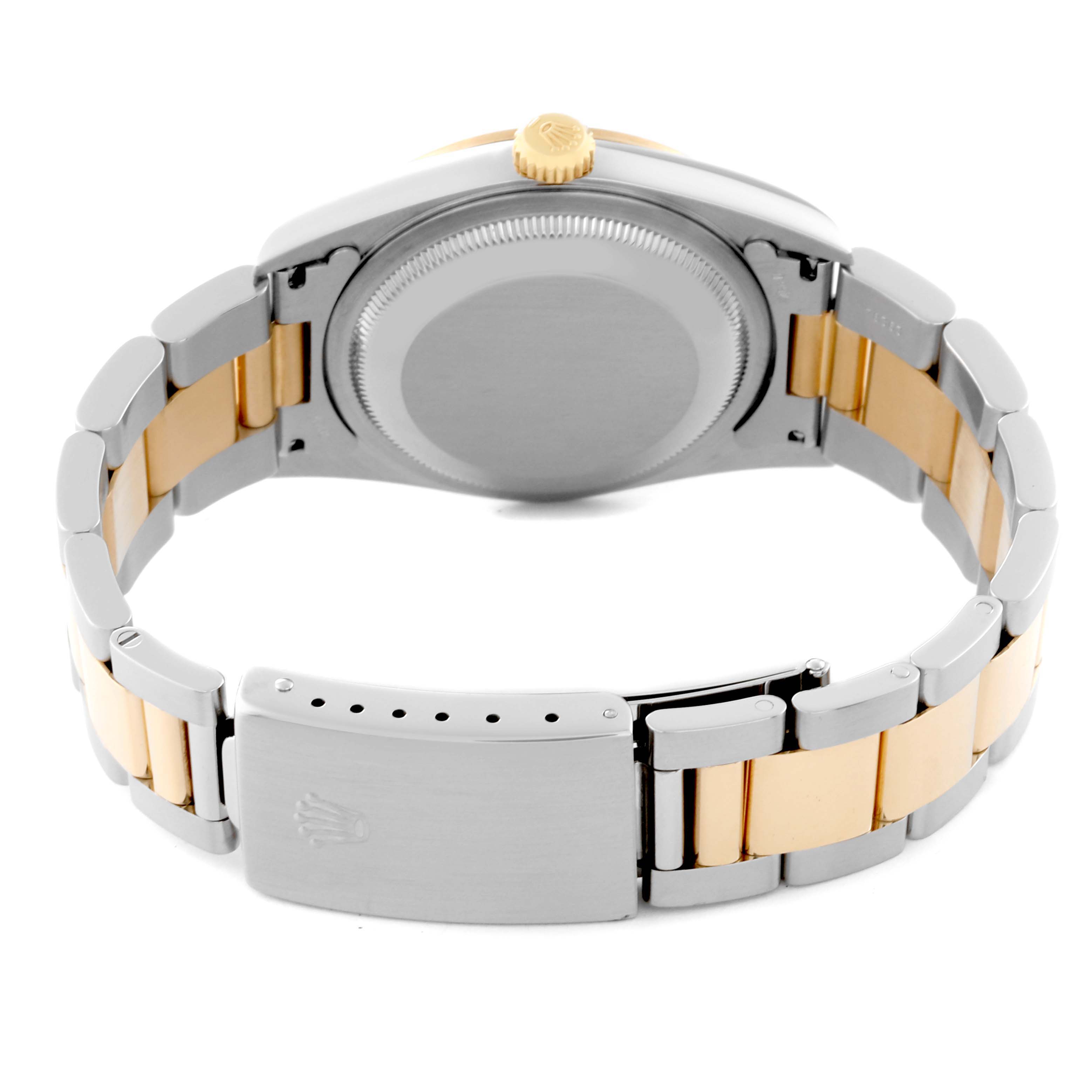 This image shows the back side of a Rolex Datejust 16203 Men's Steel and Gold (two tone) Grey Dial 16203 Men's Steel and Gold (two tone) Grey Dial watch, highlighting the case back, bracelet, and clasp.