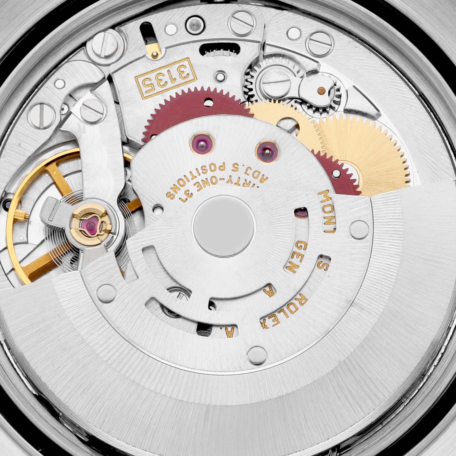 This image shows a close-up of the inner mechanical movement of a Rolex Datejust 16203 Men's Steel and Gold (two tone) Grey Dial 16203 Men's Steel and Gold (two tone) Grey Dial watch.