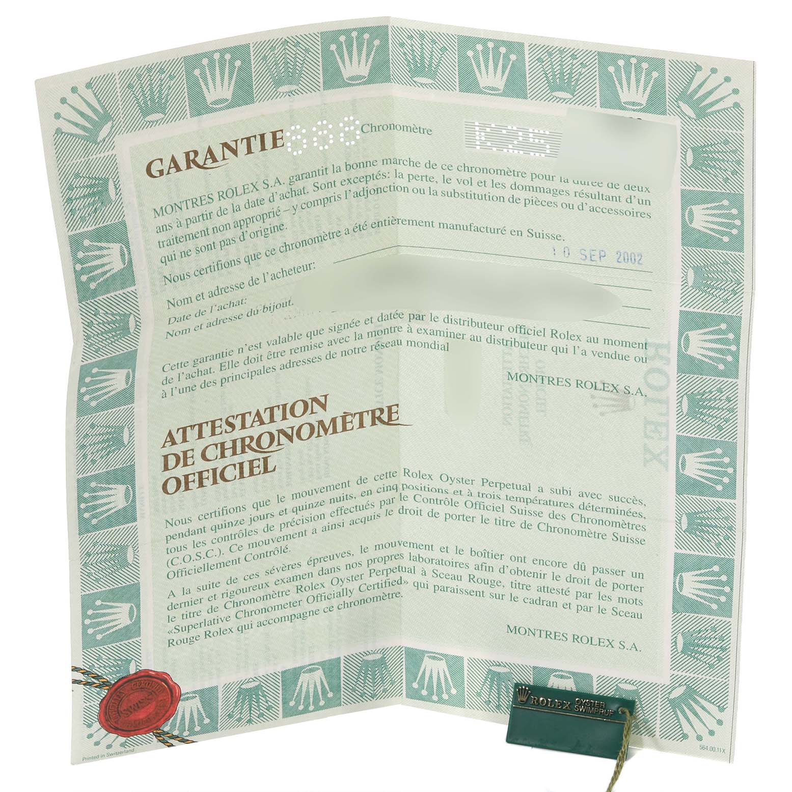 This image shows the official certification and warranty papers for the Rolex Datejust 16203 Men's Steel and Gold (two tone) Grey Dial 16203 Men's Steel and Gold (two tone) Grey Dial.