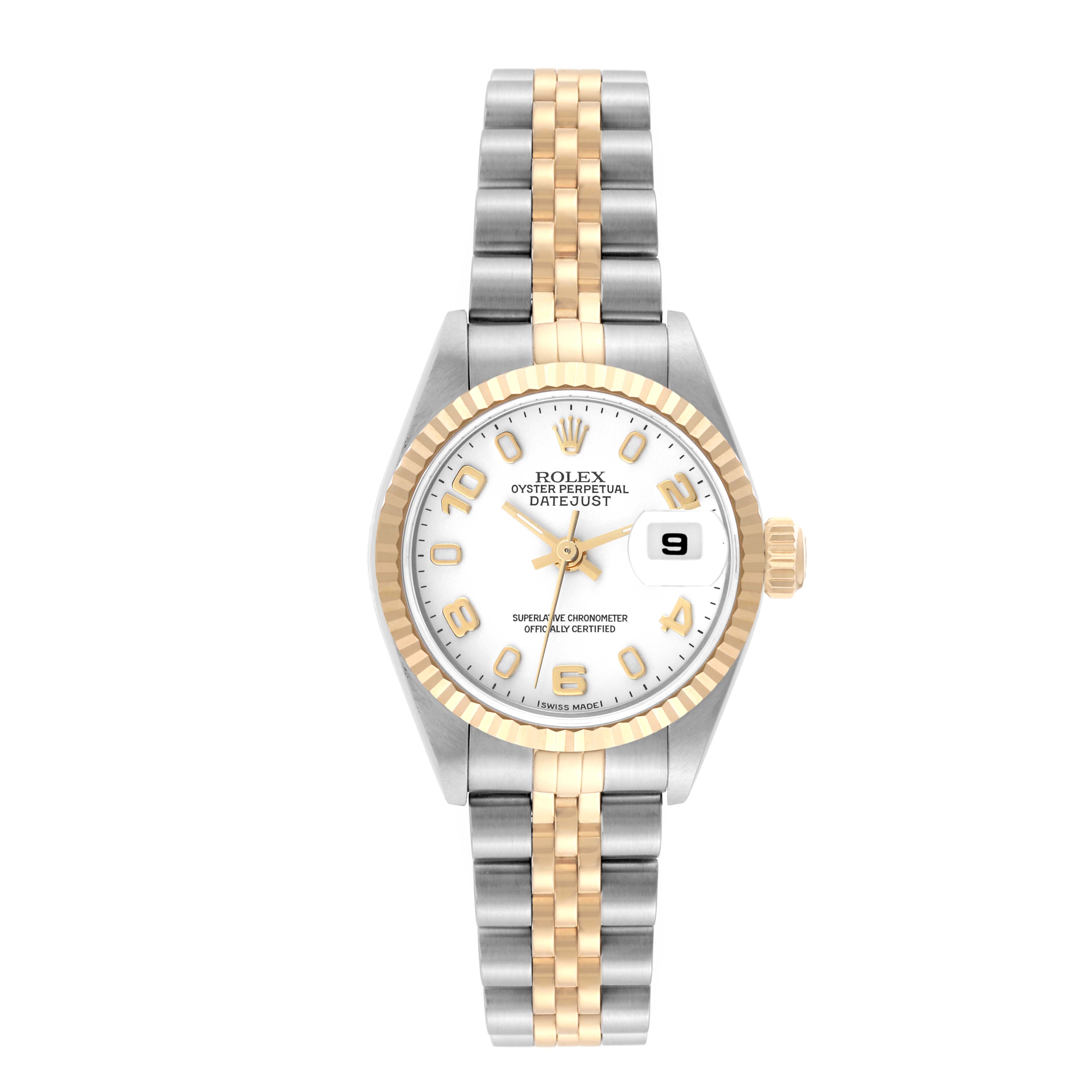 This Rolex Datejust 79173 Women's Steel and Gold (two tone) White Dial 79173 Women's Steel and Gold (two tone) White Dial model is shown from the front, highlighting the dial, bezel, and Jubilee bracelet.