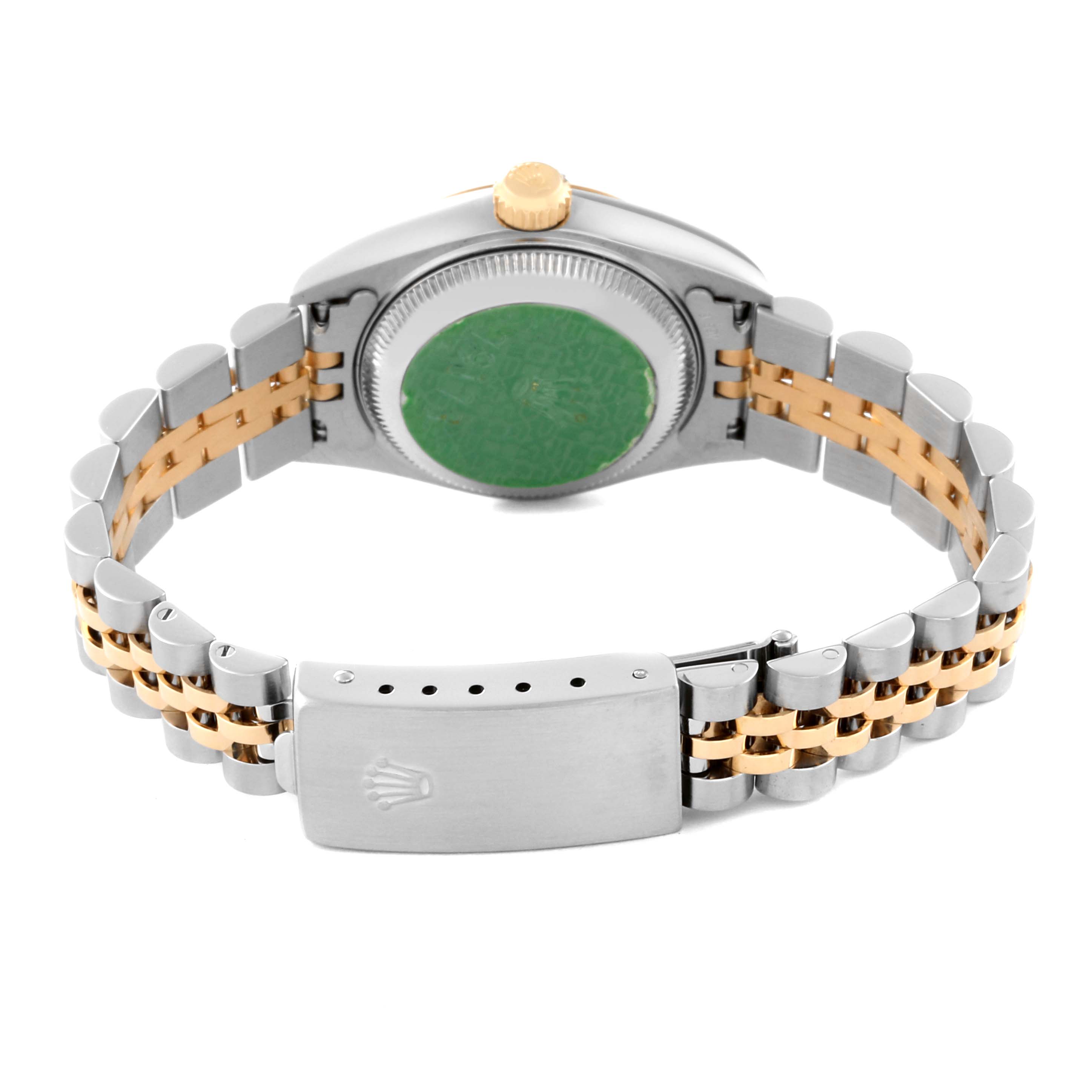 The image shows the back and clasp of a Rolex Datejust 79173 Women's Steel and Gold (two tone) White Dial 79173 Women's Steel and Gold (two tone) White Dial watch, highlighting its bracelet and case back.