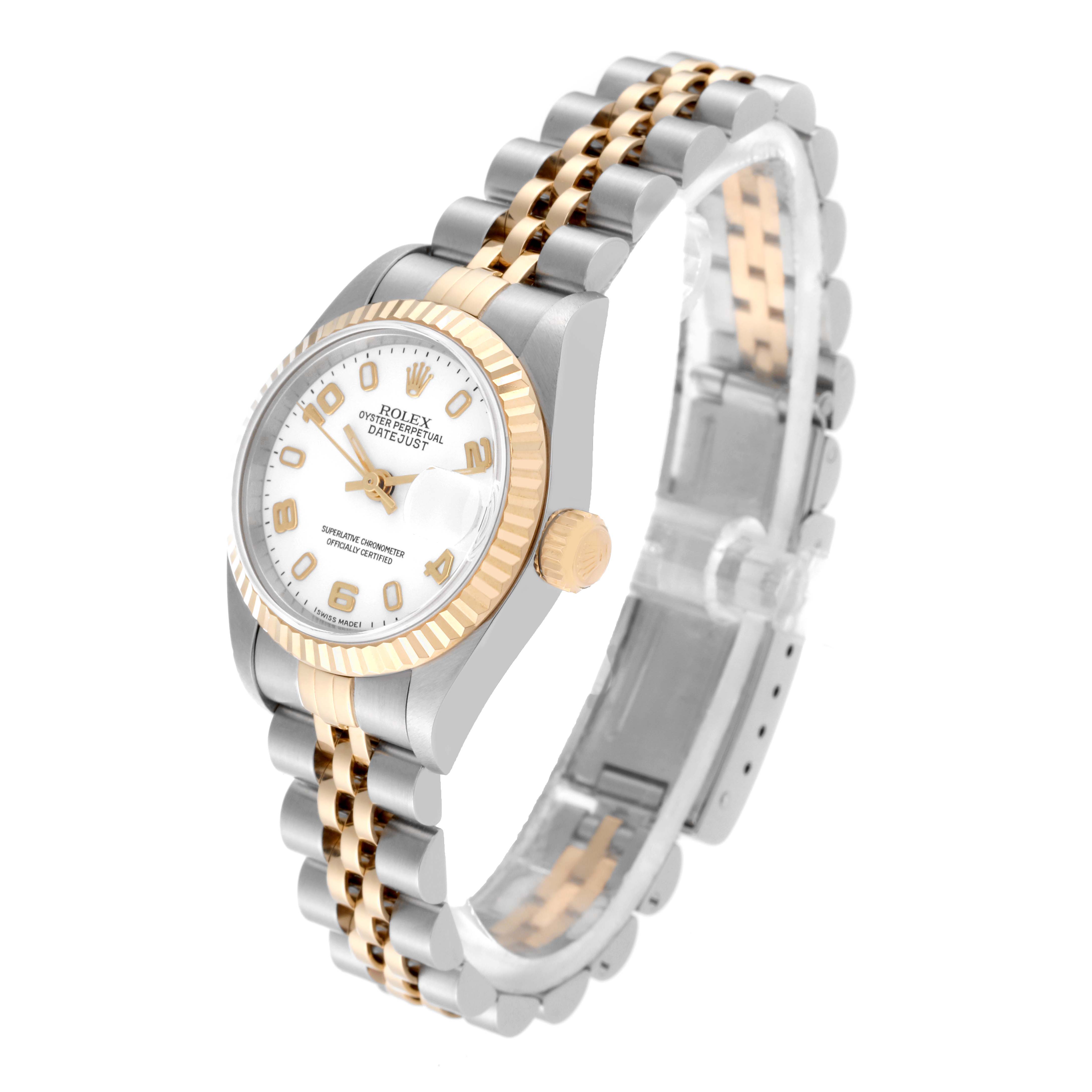 The Rolex Datejust 79173 Women's Steel and Gold (two tone) White Dial 79173 Women's Steel and Gold (two tone) White Dial model watch is shown at a three-quarter angle, highlighting the face, bezel, crown, and two-tone bracelet.