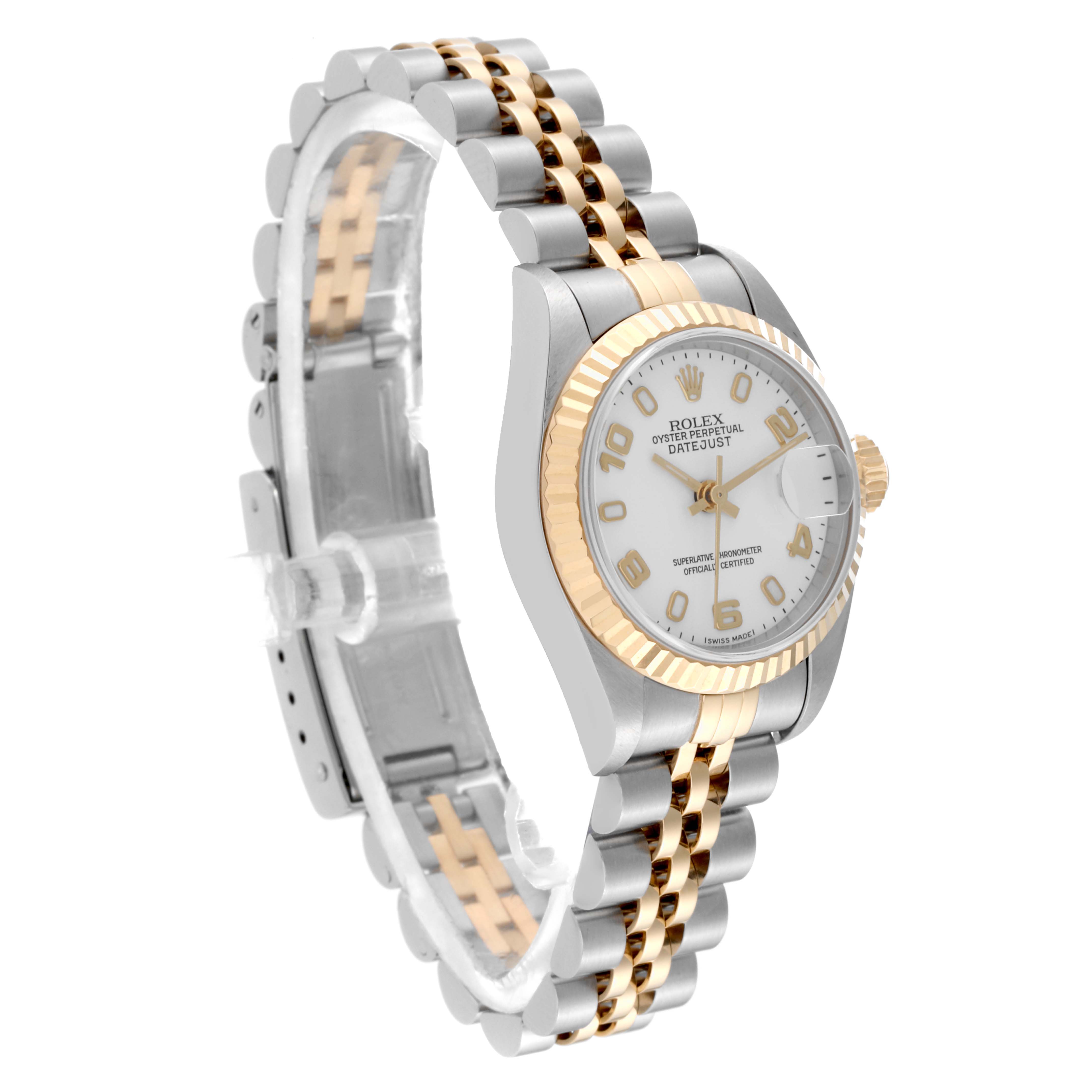 The image shows a Rolex Datejust 79173 Women's Steel and Gold (two tone) White Dial 79173 Women's Steel and Gold (two tone) White Dial watch at a 3/4 angle, highlighting its two-tone bracelet and fluted bezel.