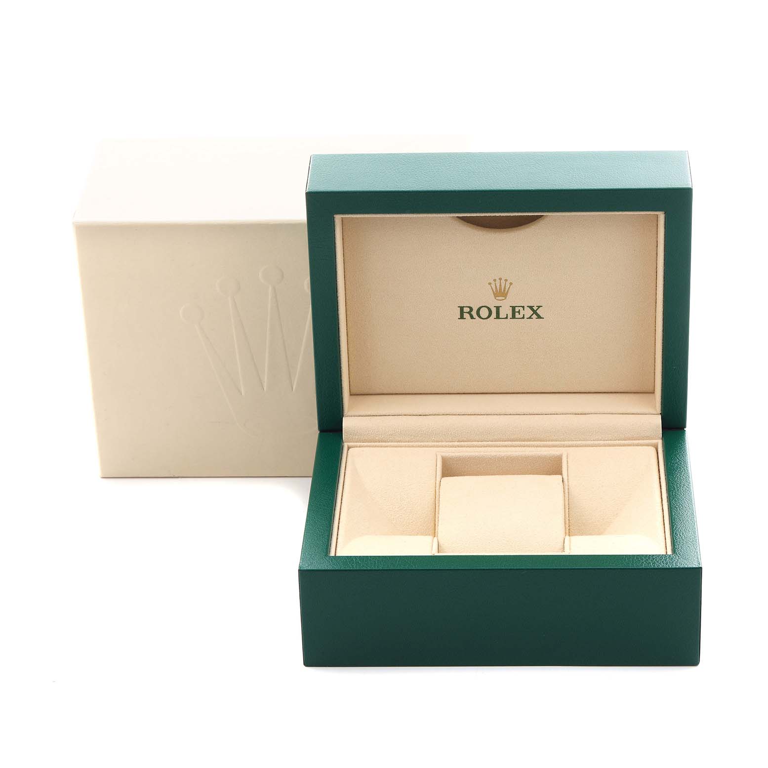 The image shows an open Rolex Datejust 179173 Women's Steel and Gold (two tone) White Dial 179173 Women's Steel and Gold (two tone) White Dial watch box at a slight angle, revealing its interior and the outer case.