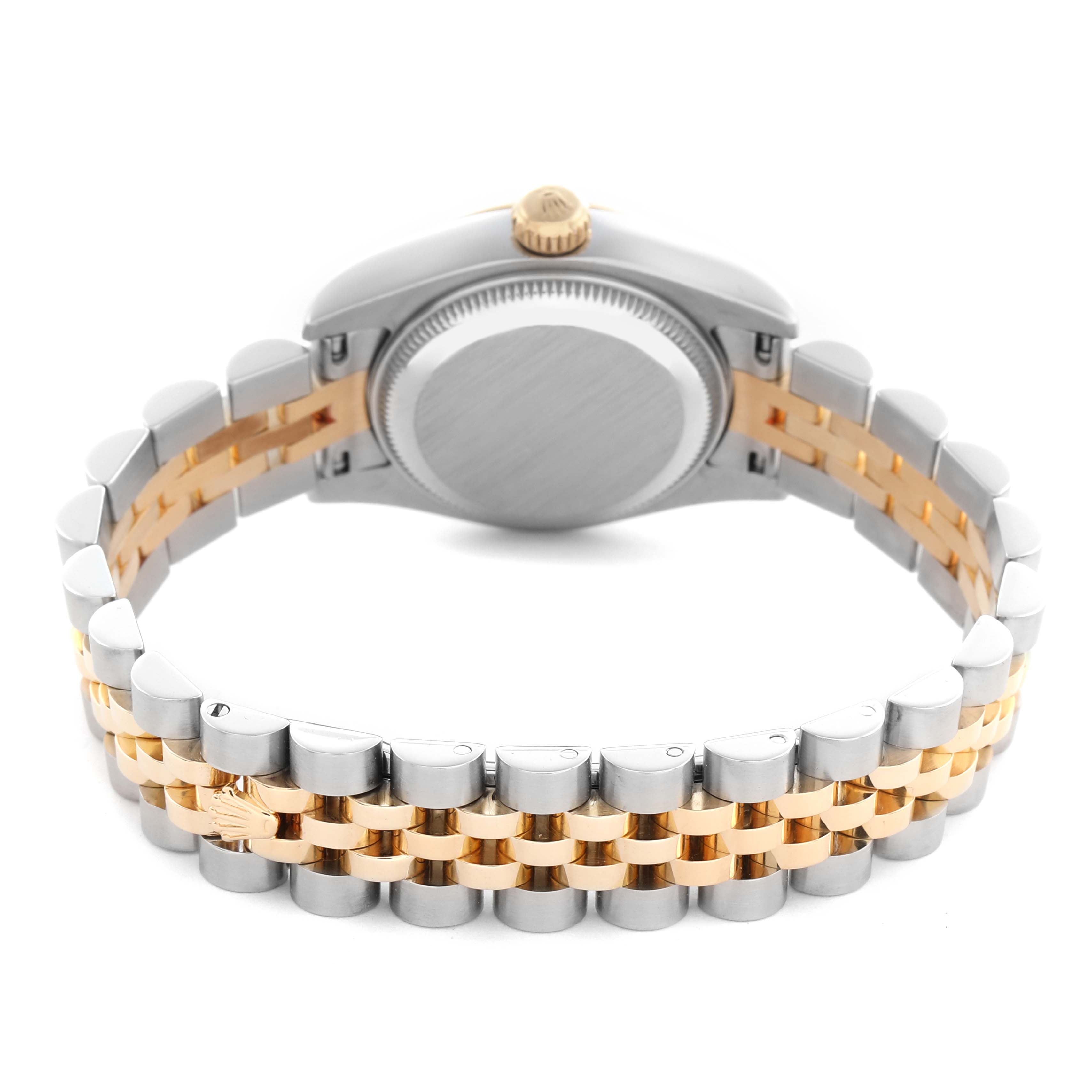 The image shows the back and side of a Rolex Datejust 179173 Women's Steel and Gold (two tone) White Dial 179173 Women's Steel and Gold (two tone) White Dial watch, focusing on the bracelet and case back.