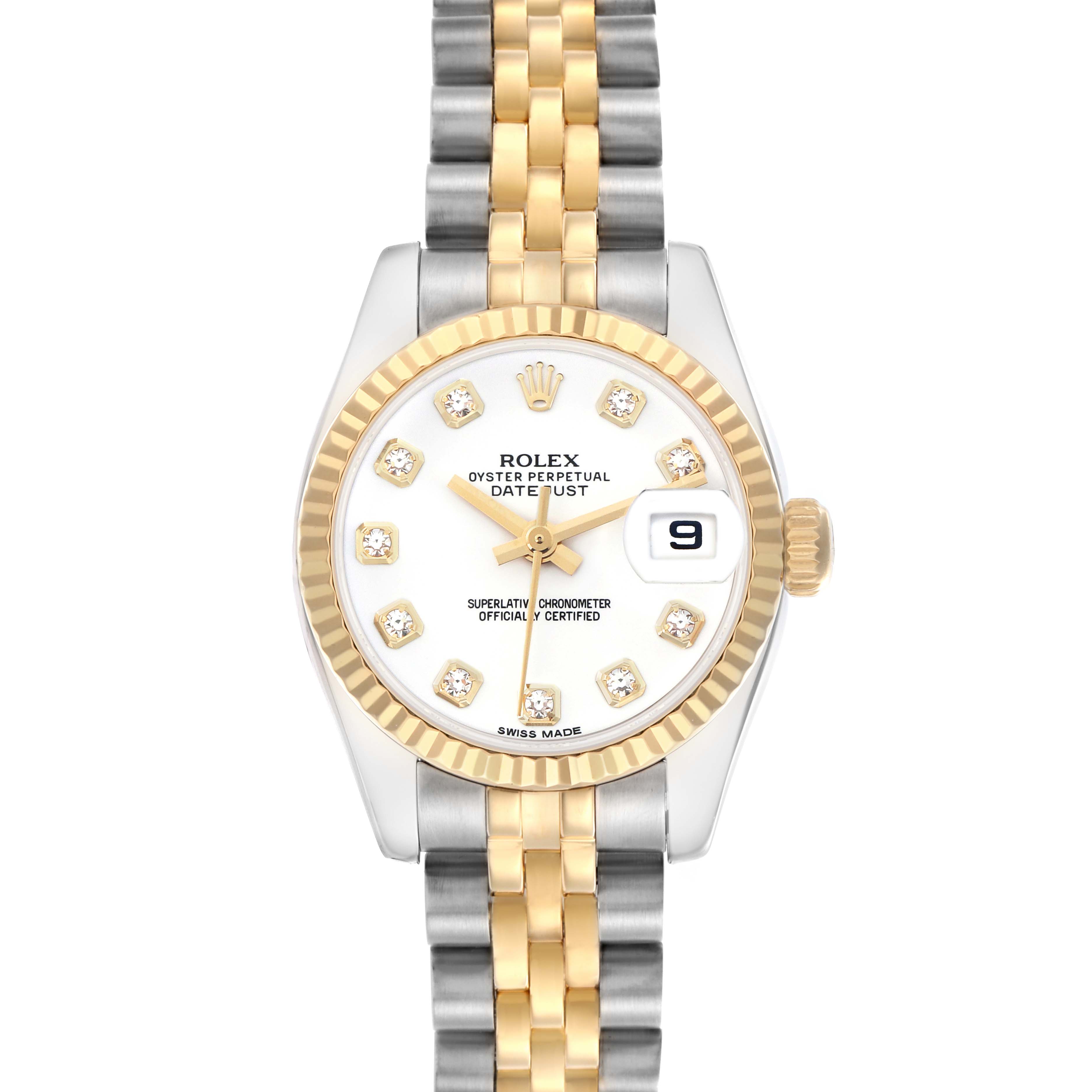 The Rolex Datejust 179173 Women's Steel and Gold (two tone) White Dial 179173 Women's Steel and Gold (two tone) White Dial watch is shown from a top-down angle, featuring the dial, gold fluted bezel, and two-tone Jubilee bracelet.