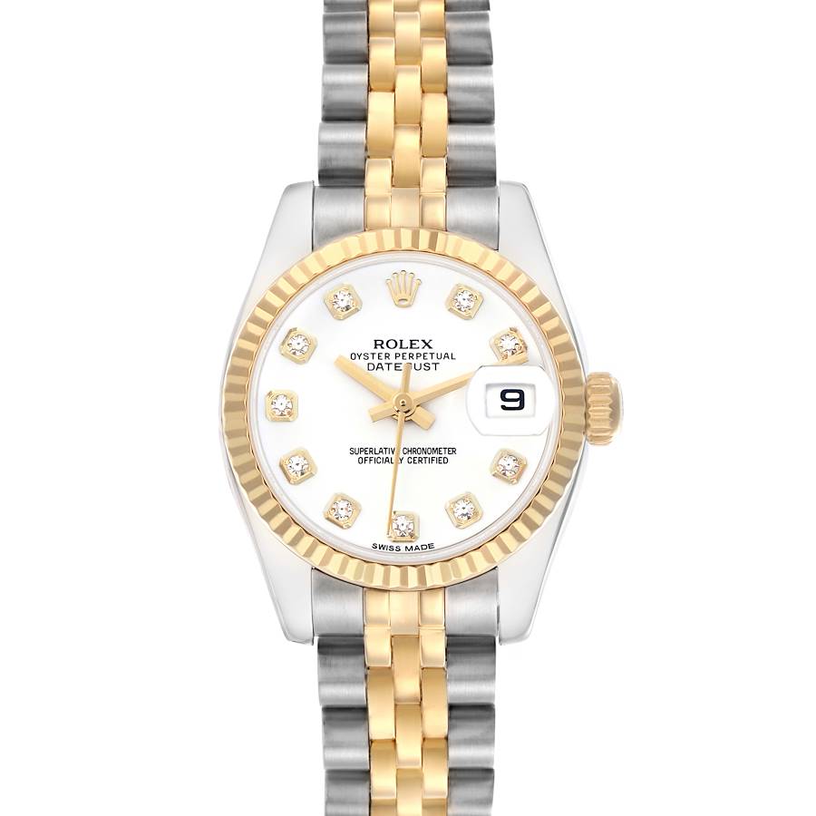The Rolex Datejust watch is shown from a top-down angle, featuring the dial, gold fluted bezel, and two-tone Jubilee bracelet.