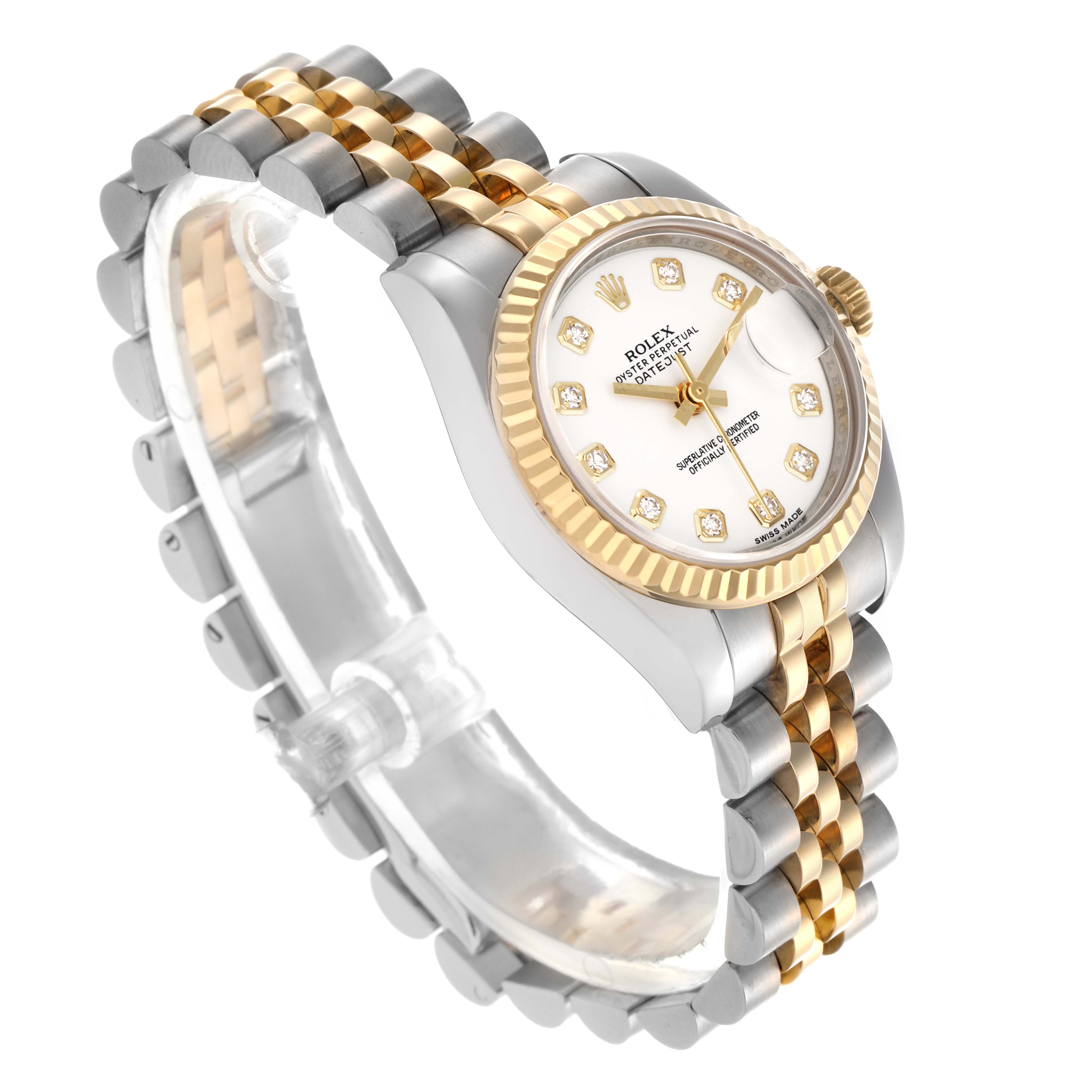 The Rolex Datejust 179173 Women's Steel and Gold (two tone) White Dial 179173 Women's Steel and Gold (two tone) White Dial watch is shown at an angled side view, displaying the dial, fluted bezel, and two-tone Jubilee bracelet.