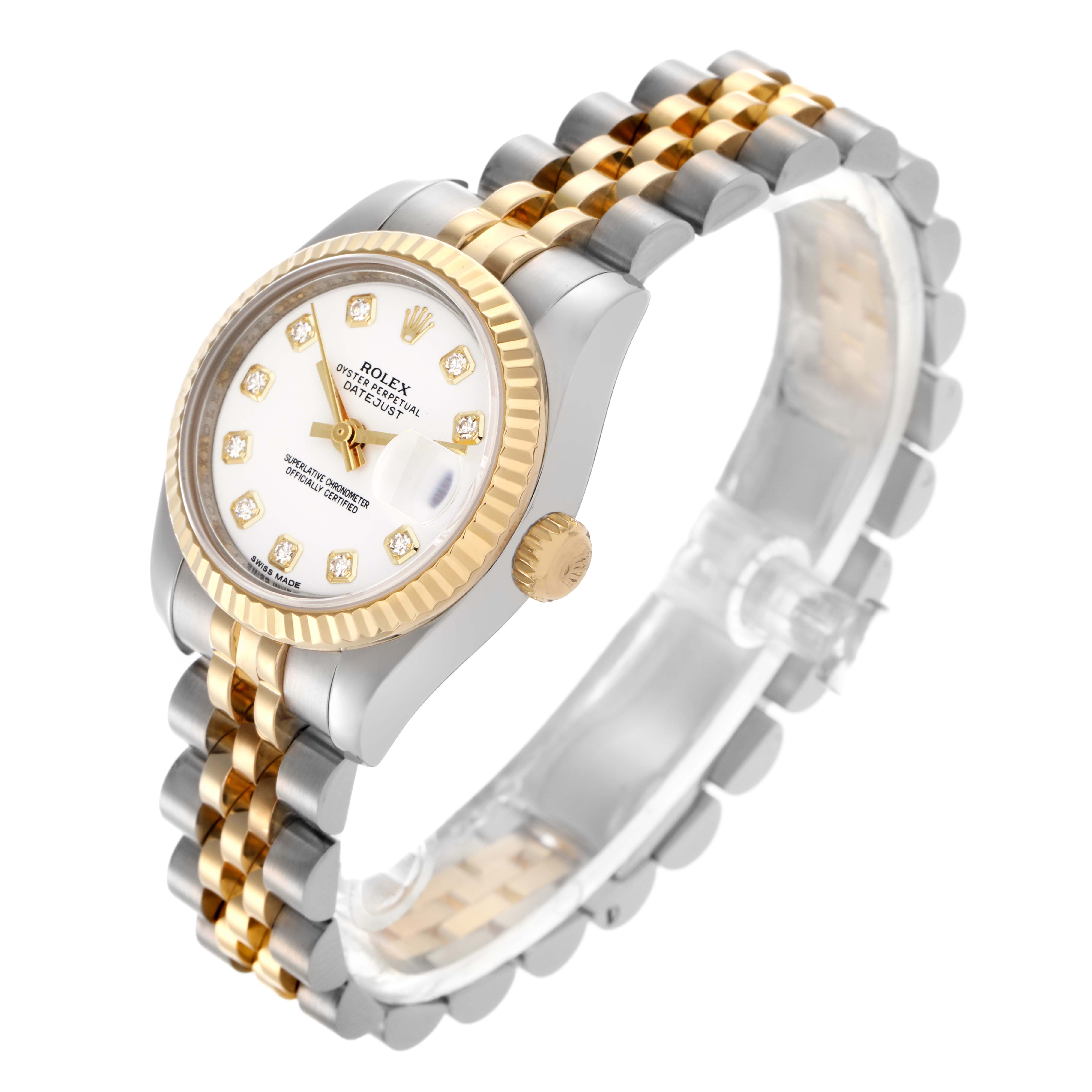 The Rolex Datejust 179173 Women's Steel and Gold (two tone) White Dial 179173 Women's Steel and Gold (two tone) White Dial watch is shown from an upper side angle, highlighting the dial, bezel, crown, and bracelet.
