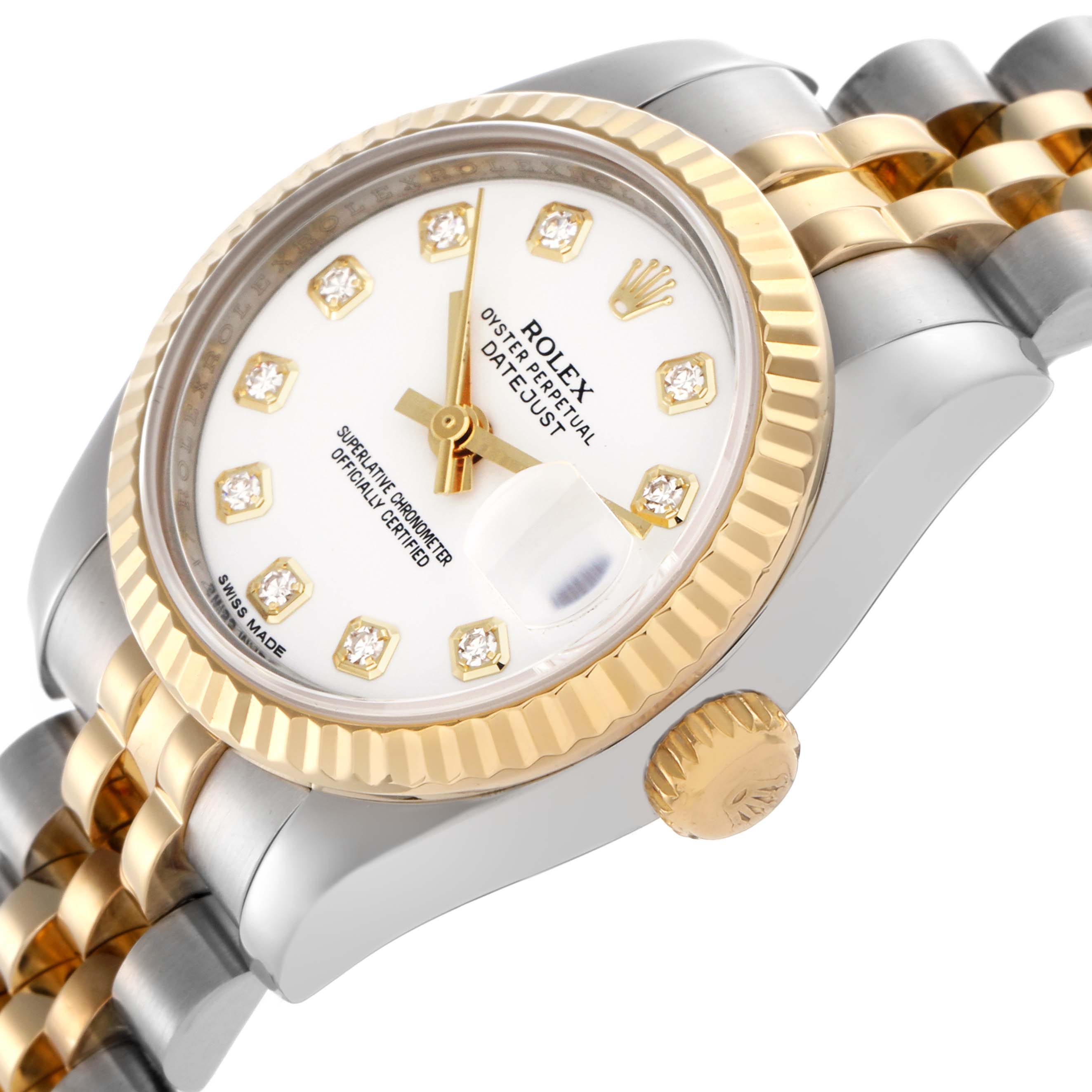The Rolex Datejust 179173 Women's Steel and Gold (two tone) White Dial 179173 Women's Steel and Gold (two tone) White Dial watch is shown from a side angle, highlighting its gold fluted bezel, crown, and two-tone bracelet.