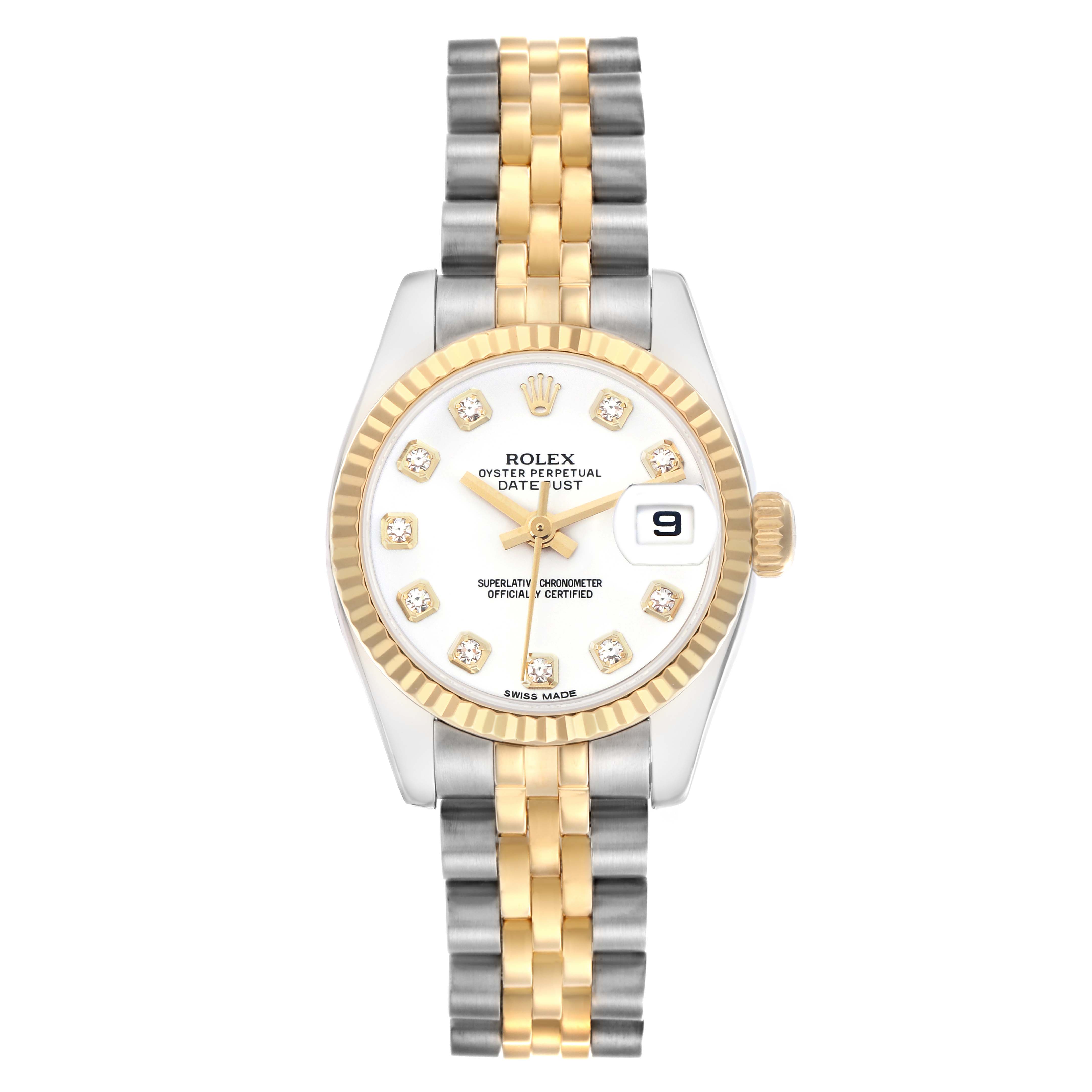The Rolex Datejust 179173 Women's Steel and Gold (two tone) White Dial 179173 Women's Steel and Gold (two tone) White Dial watch is shown from a top-down angle, displaying the face, bezel, bracelet, and crown.