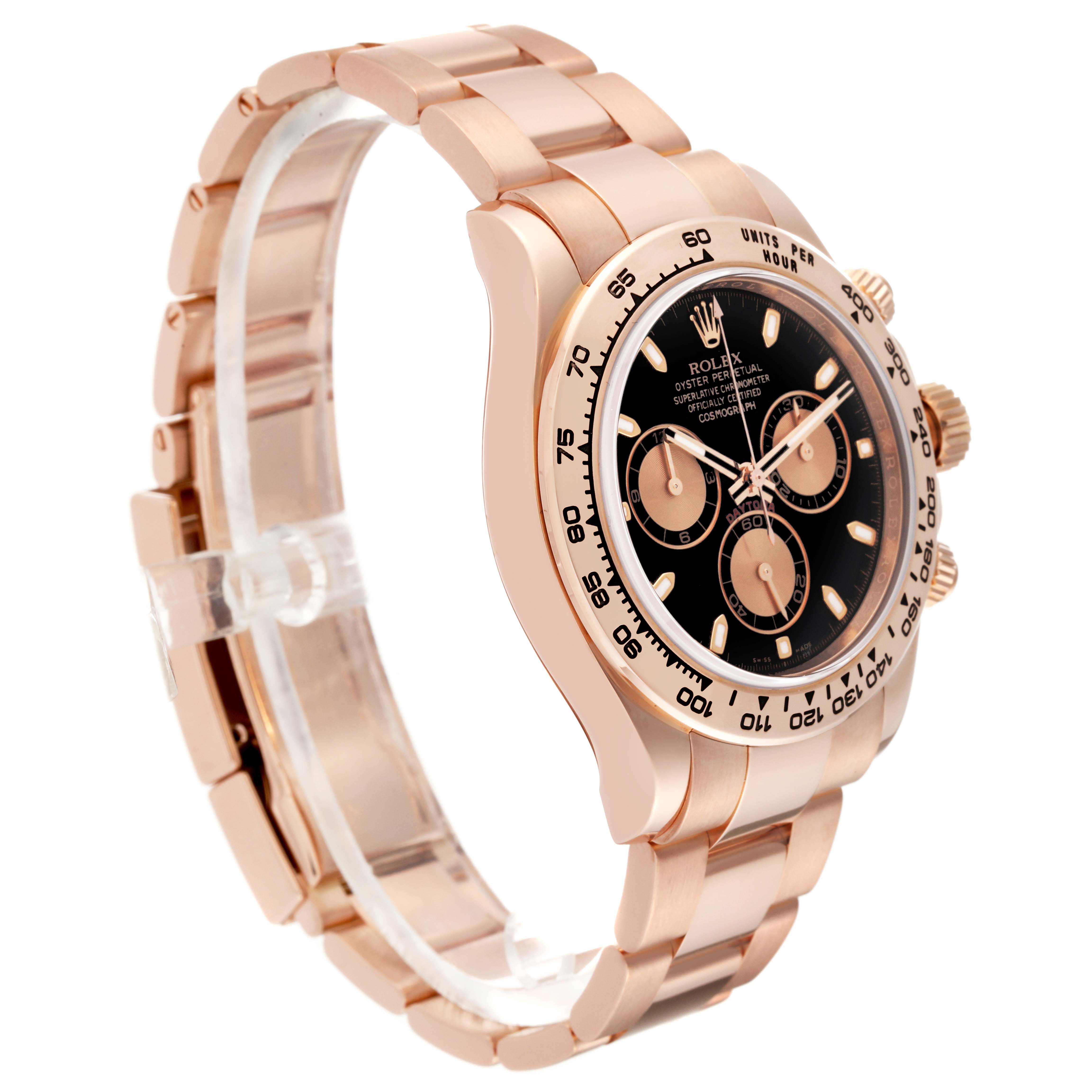 The image shows a side and partial front view of the Rolex Daytona 116505 Men's Rose Gold Black Dial 116505 Men's Rose Gold Black Dial, highlighting the bracelet, case, bezel, and dial.