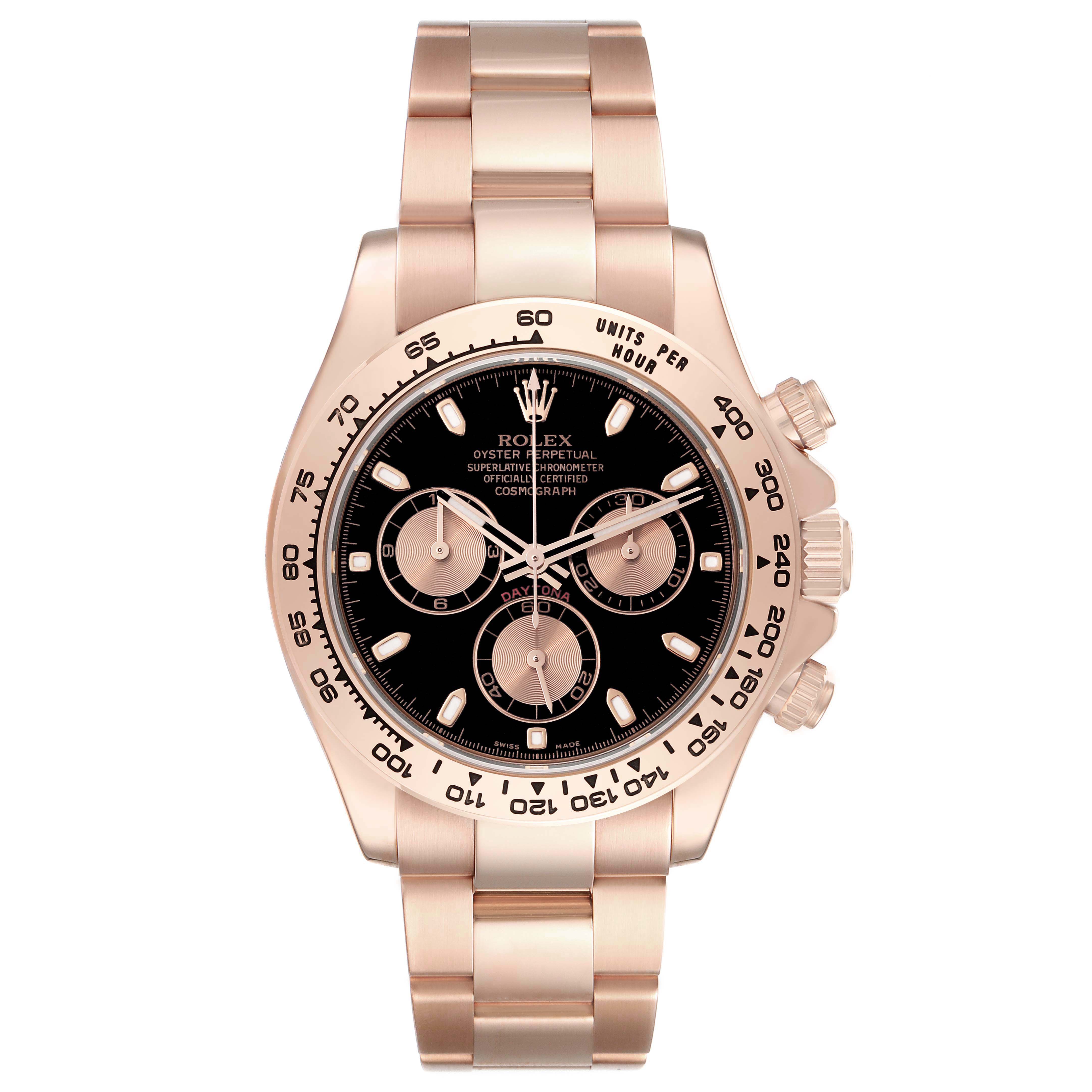 The image shows a front view of a Rolex Daytona 116505 Men's Rose Gold Black Dial 116505 Men's Rose Gold Black Dial watch, displaying its face, bezel, and band clearly.