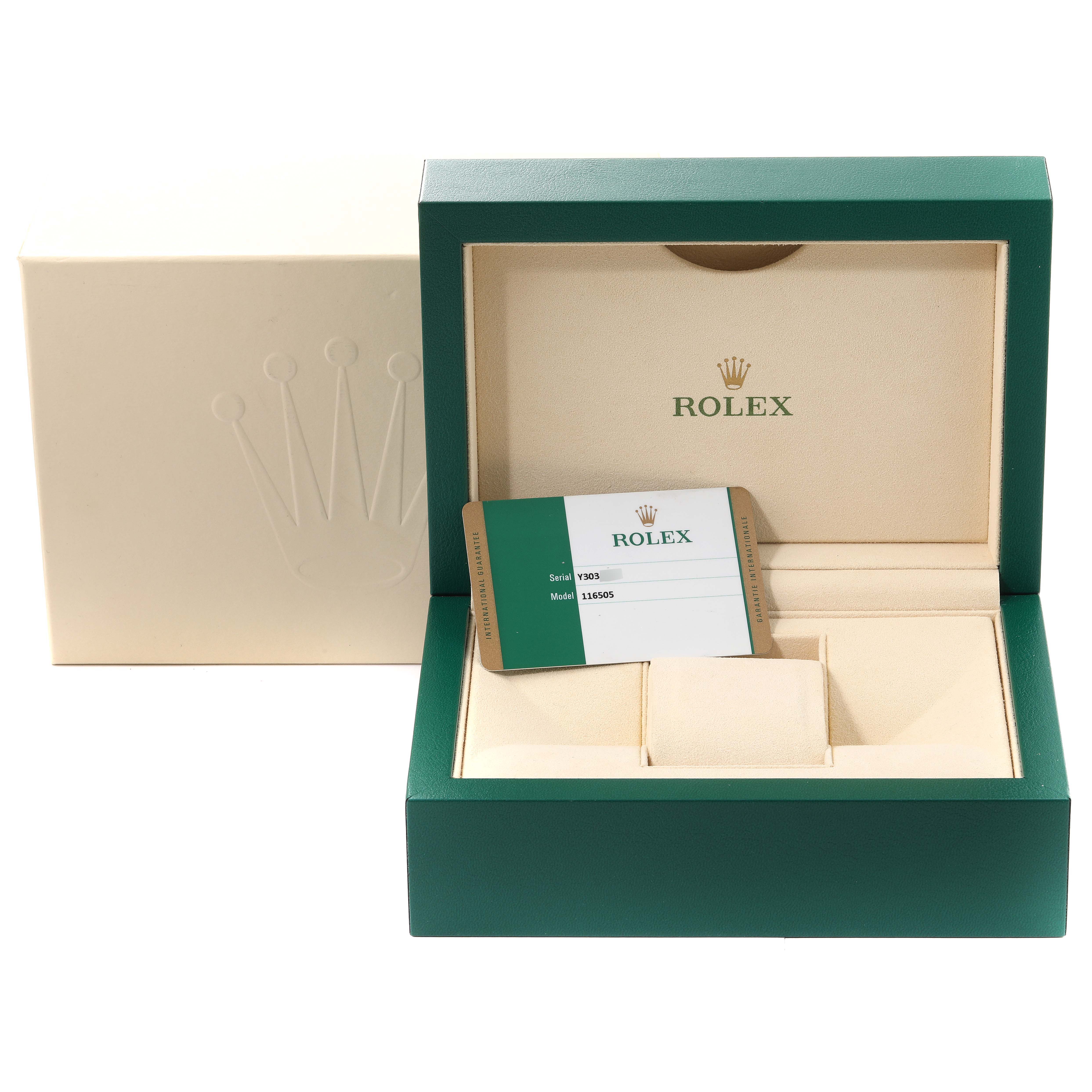 This image shows a Rolex Daytona 116505 Men's Rose Gold Black Dial 116505 Men's Rose Gold Black Dial watch box, an authenticity card, and a display compartment from a front angle.