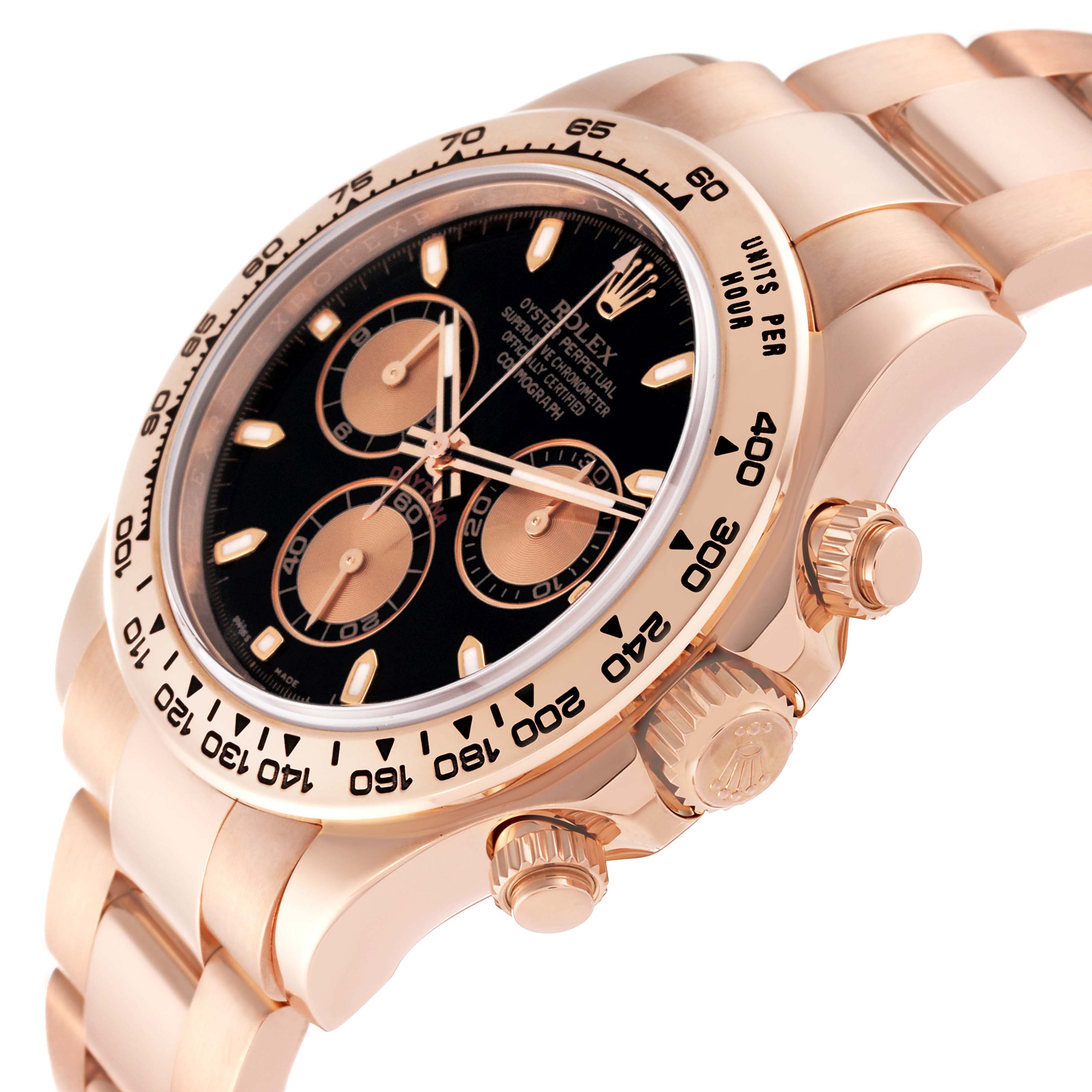 This Rolex Daytona 116505 Men's Rose Gold Black Dial 116505 Men's Rose Gold Black Dial watch is shown at an angle highlighting the face, bezel, crown, and part of the strap.