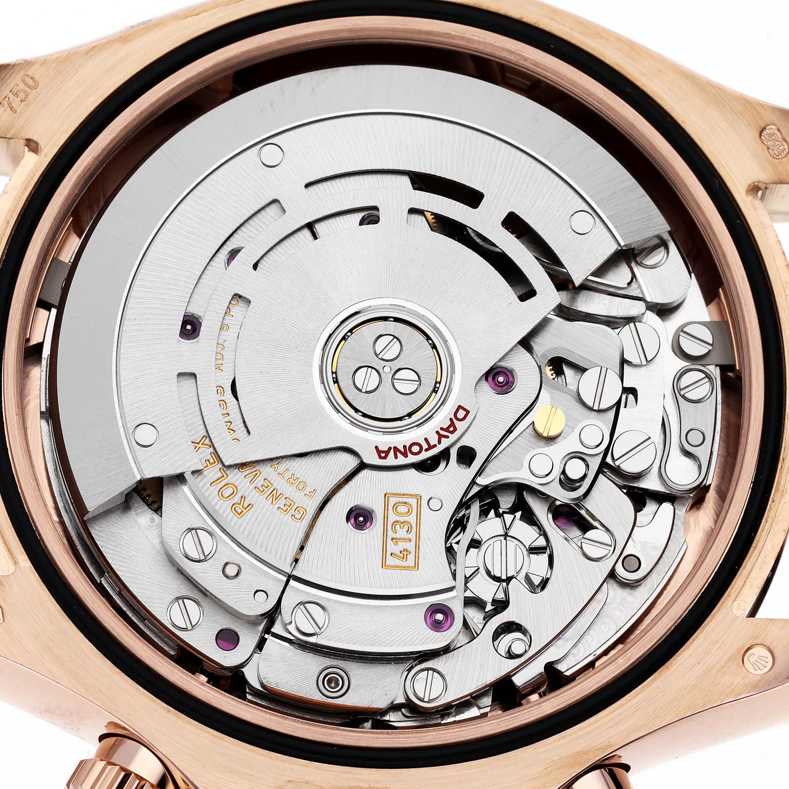 This image shows a close-up of the Rolex Daytona 116505 Men's Rose Gold Black Dial 116505 Men's Rose Gold Black Dial model's internal movement from the back.