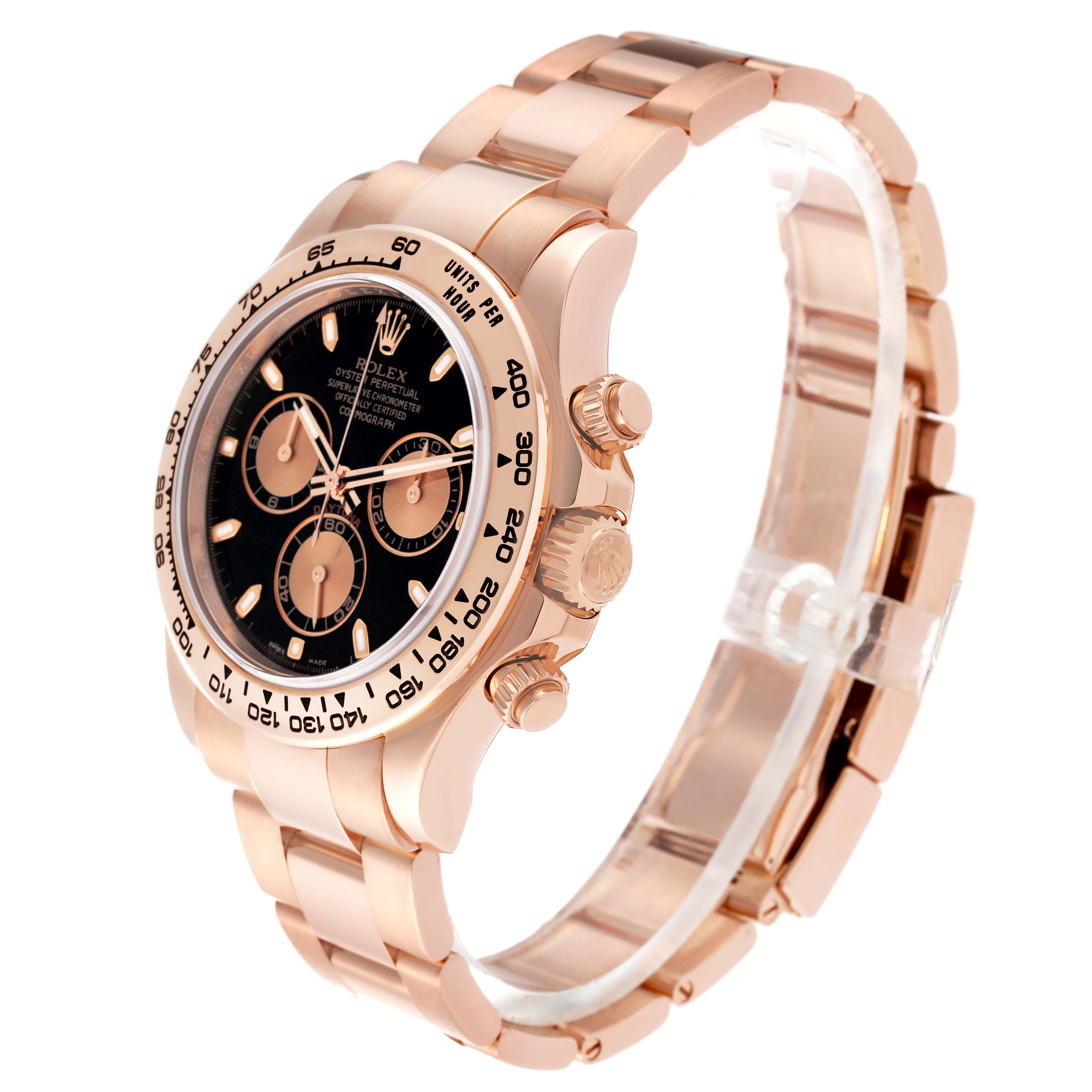 The image shows a Rolex Daytona 116505 Men's Rose Gold Black Dial 116505 Men's Rose Gold Black Dial watch at a three-quarter angle, highlighting the face, bezel, crown, and bracelet.