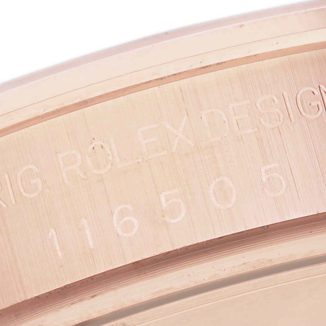 The image shows a close-up of the case side detailing "ROLEX DESIGN 116505" for a Rolex Daytona 116505 Men's Rose Gold Black Dial 116505 Men's Rose Gold Black Dial watch.