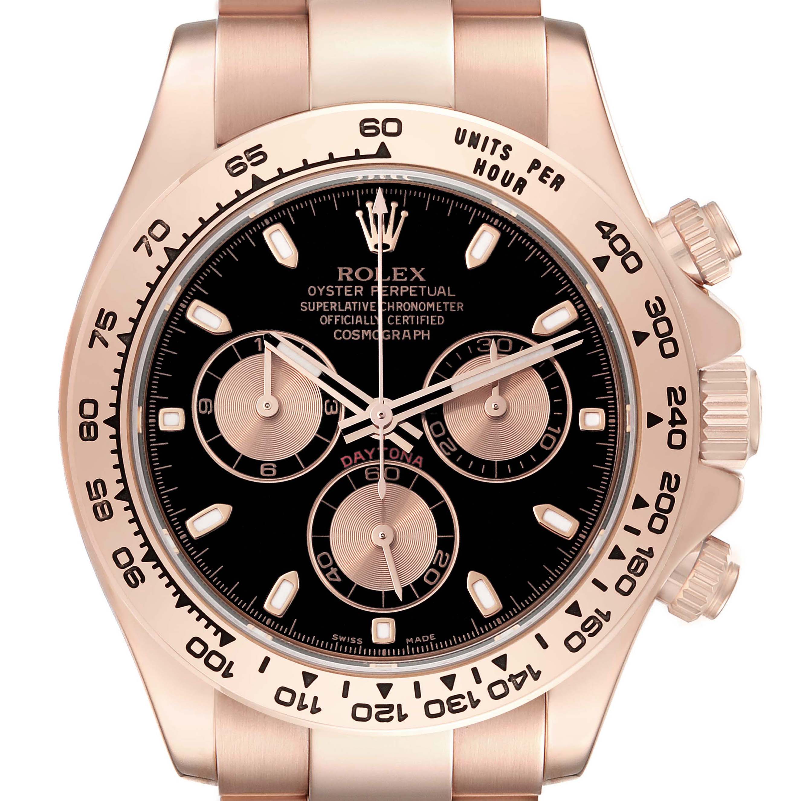 The Rolex Daytona 116505 Men's Rose Gold Black Dial 116505 Men's Rose Gold Black Dial watch is shown from the front, displaying the dial, hands, subdials, bezel, and crown.