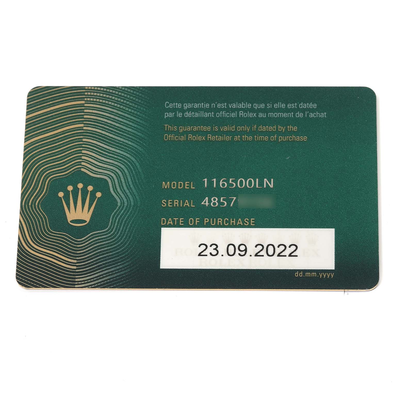 The image shows the warranty card for a Rolex Daytona 116500LN Men's Stainless Steel Black Dial 116500LN Men's Stainless Steel Black Dial model 116500LN, displaying the serial number and date of purchase.