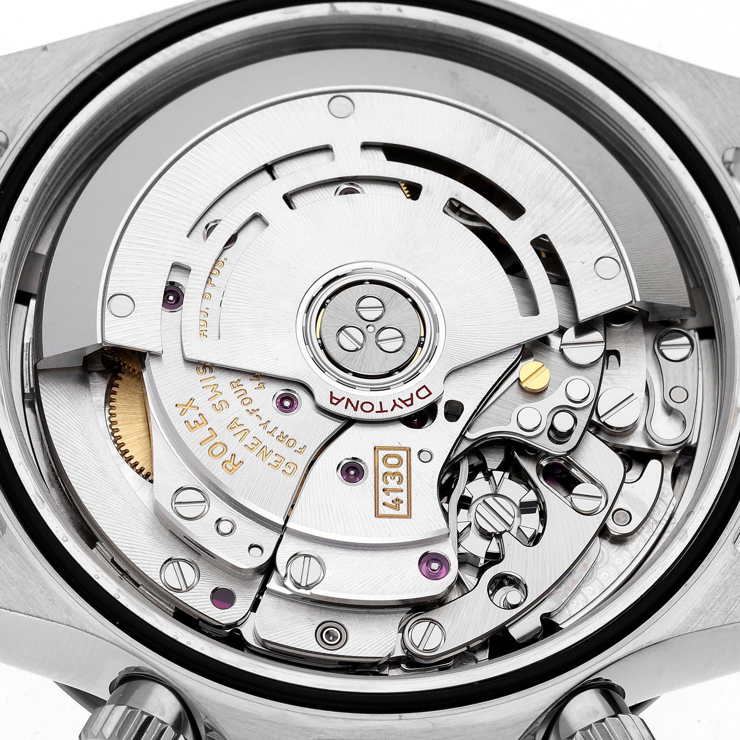 This image shows the inner movement mechanism of the Rolex Daytona 116500LN Men's Stainless Steel Black Dial 116500LN Men's Stainless Steel Black Dial watch, viewed from the back with visible gears and components.