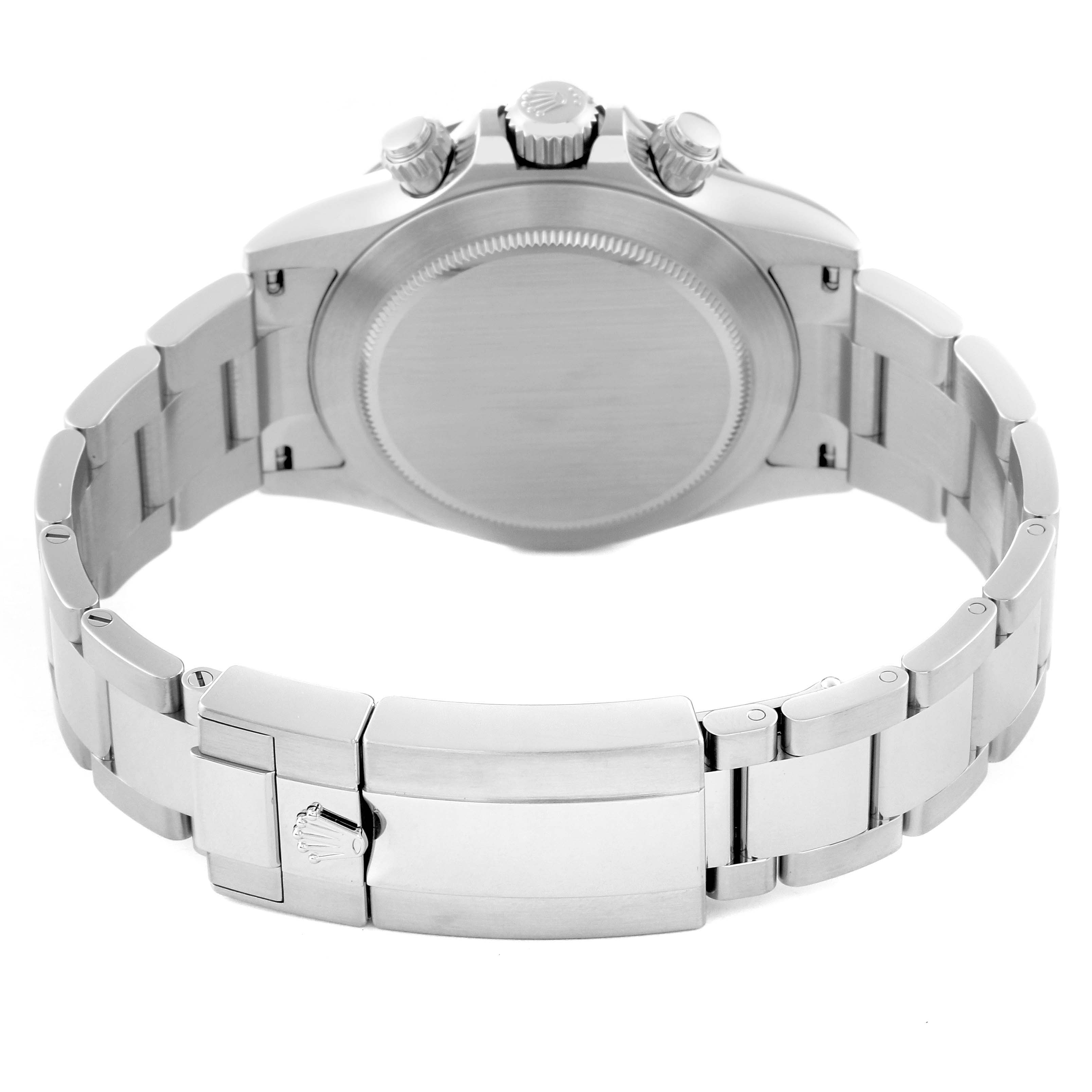 The image shows the back case and bracelet of a Rolex Daytona 116500LN Men's Stainless Steel Black Dial 116500LN Men's Stainless Steel Black Dial watch from a rear angle.