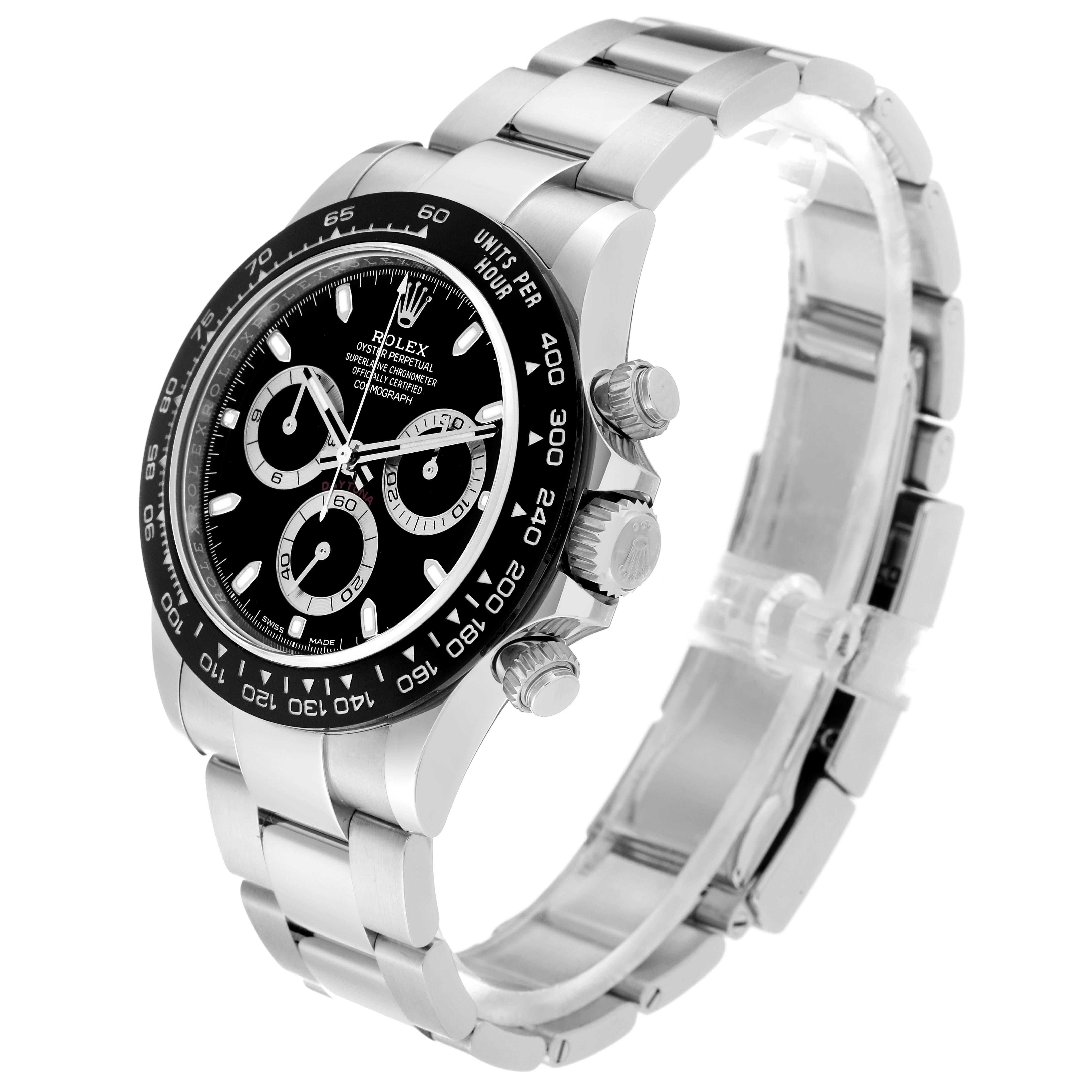 The Rolex Daytona 116500LN Men's Stainless Steel Black Dial 116500LN Men's Stainless Steel Black Dial watch is shown at a three-quarter angle, highlighting the dial, bezel, crown, and bracelet.