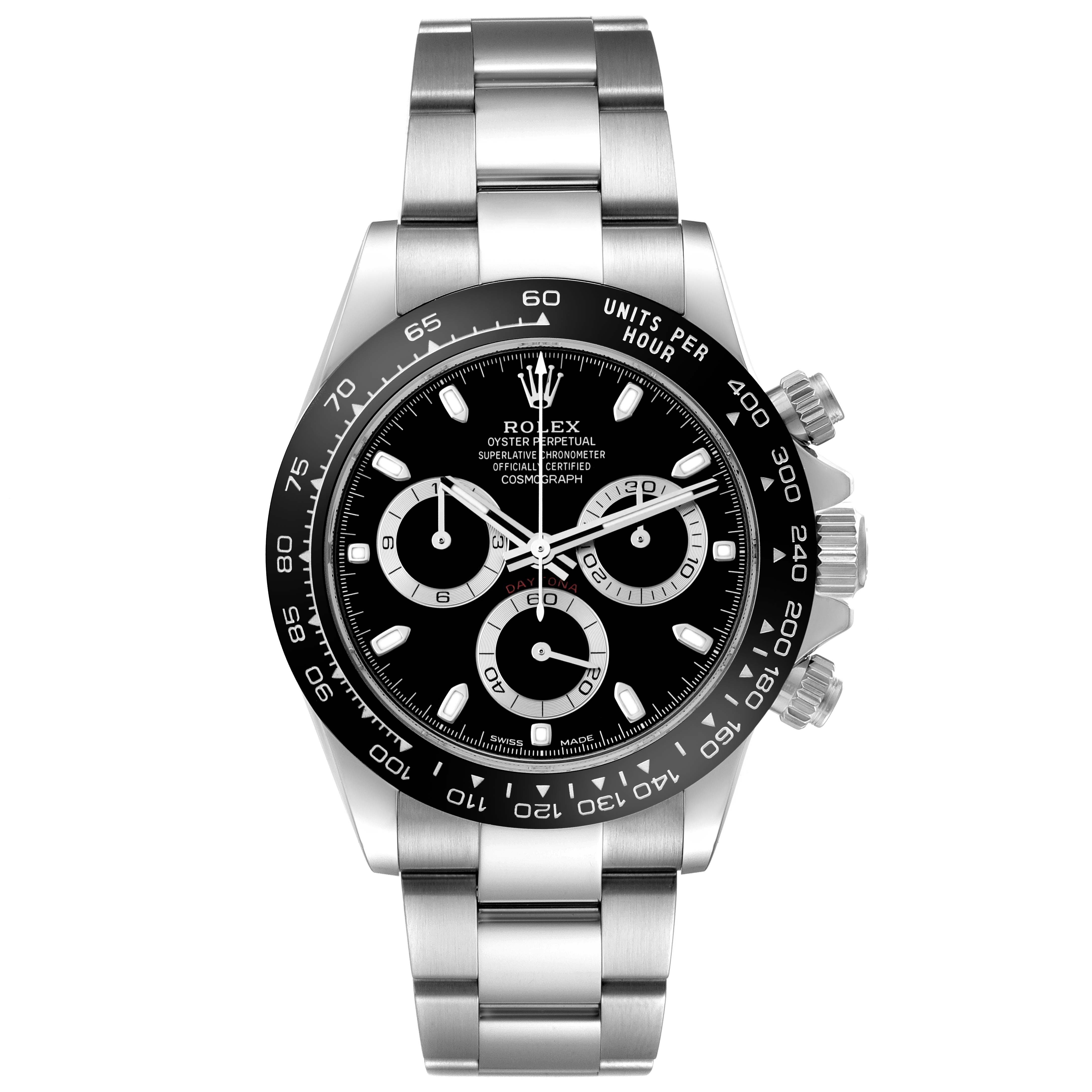 This image shows a front view of a Rolex Daytona 116500LN Men's Stainless Steel Black Dial 116500LN Men's Stainless Steel Black Dial watch, displaying its dial, bezel, and metal bracelet.