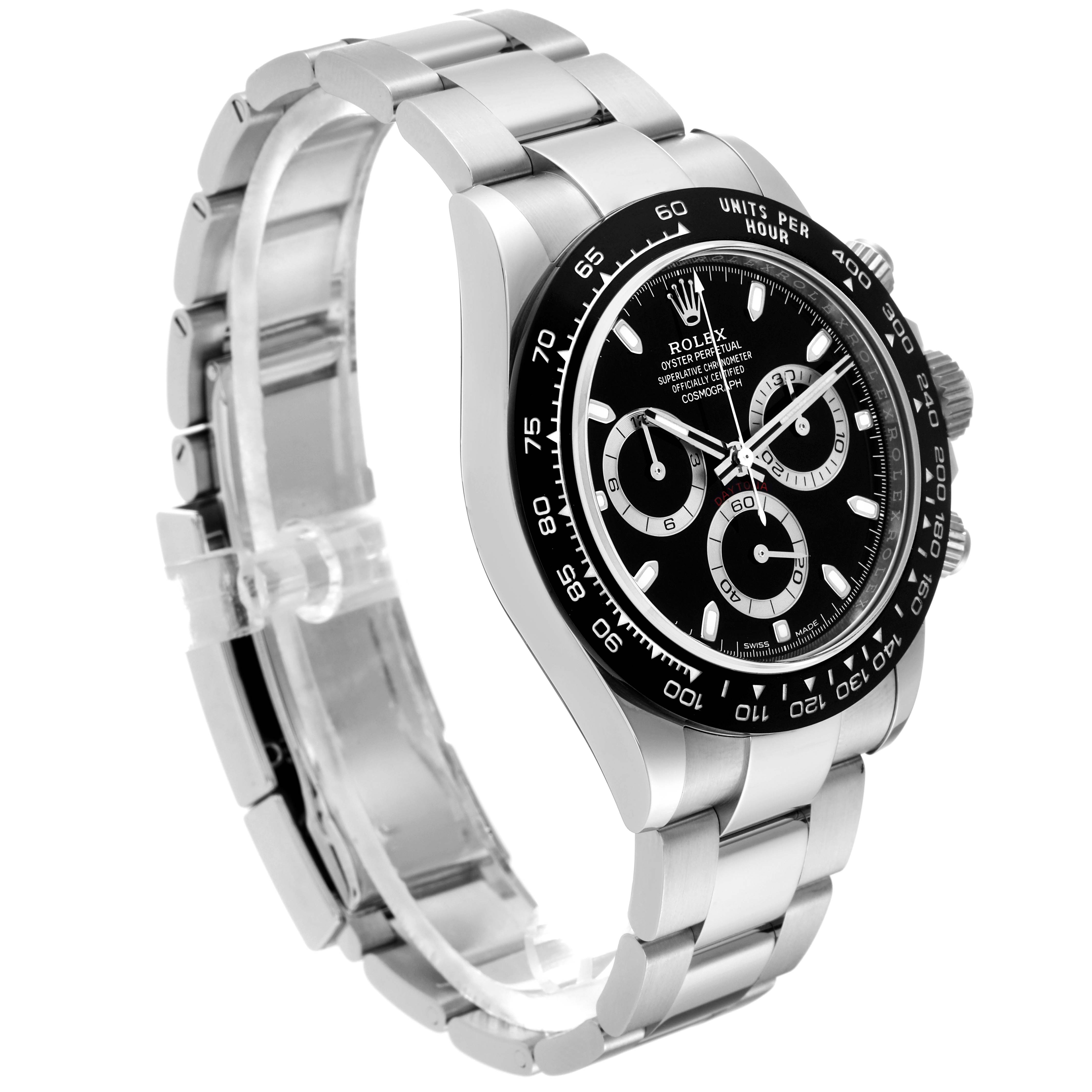 The image shows a side-angle view of a Rolex Daytona 116500LN Men's Stainless Steel Black Dial 116500LN Men's Stainless Steel Black Dial watch, highlighting the bezel, dial, and bracelet.