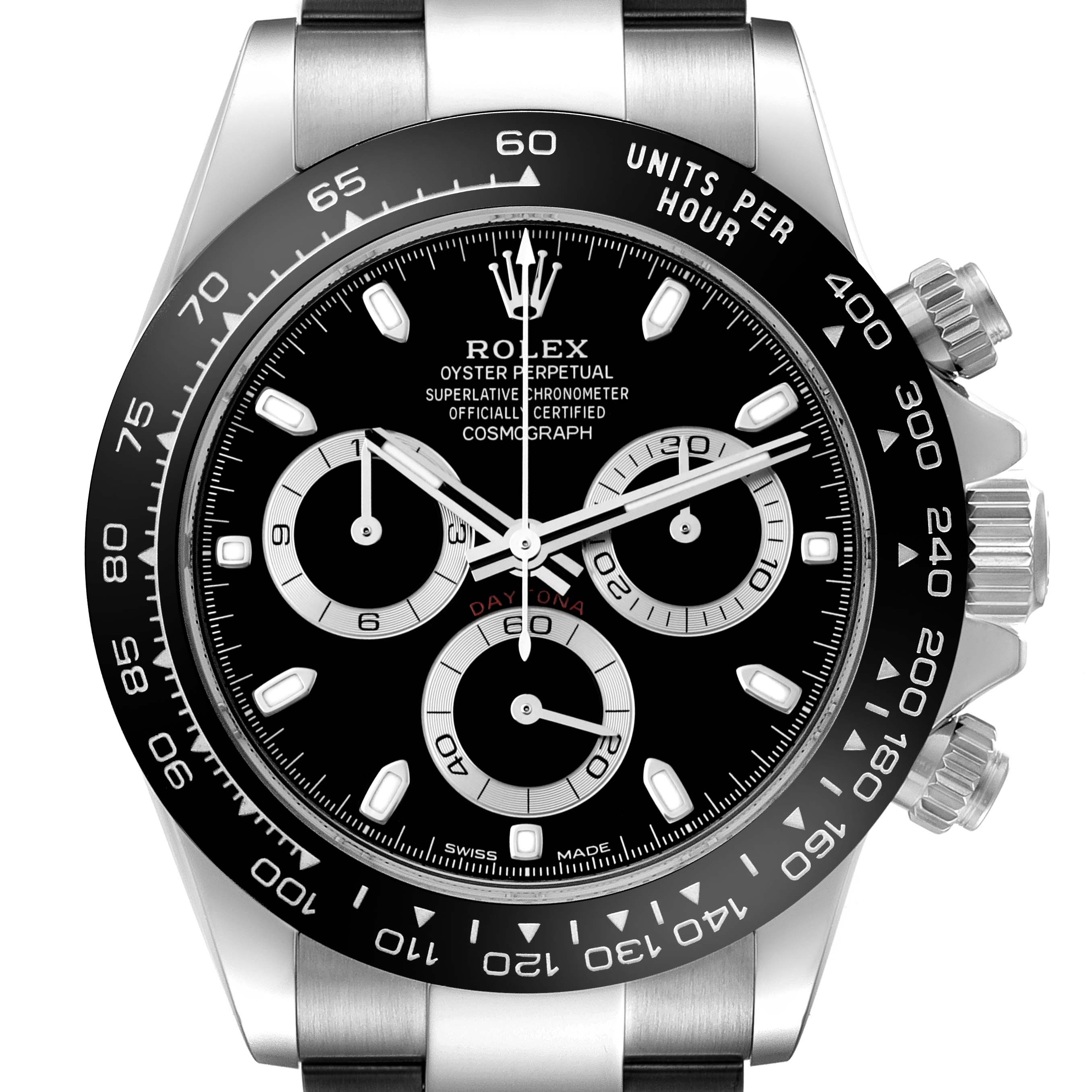 The image shows a Rolex Daytona 116500LN Men's Stainless Steel Black Dial 116500LN Men's Stainless Steel Black Dial watch from a straight-on angle, highlighting its face, bezel, subdials, and crown buttons.