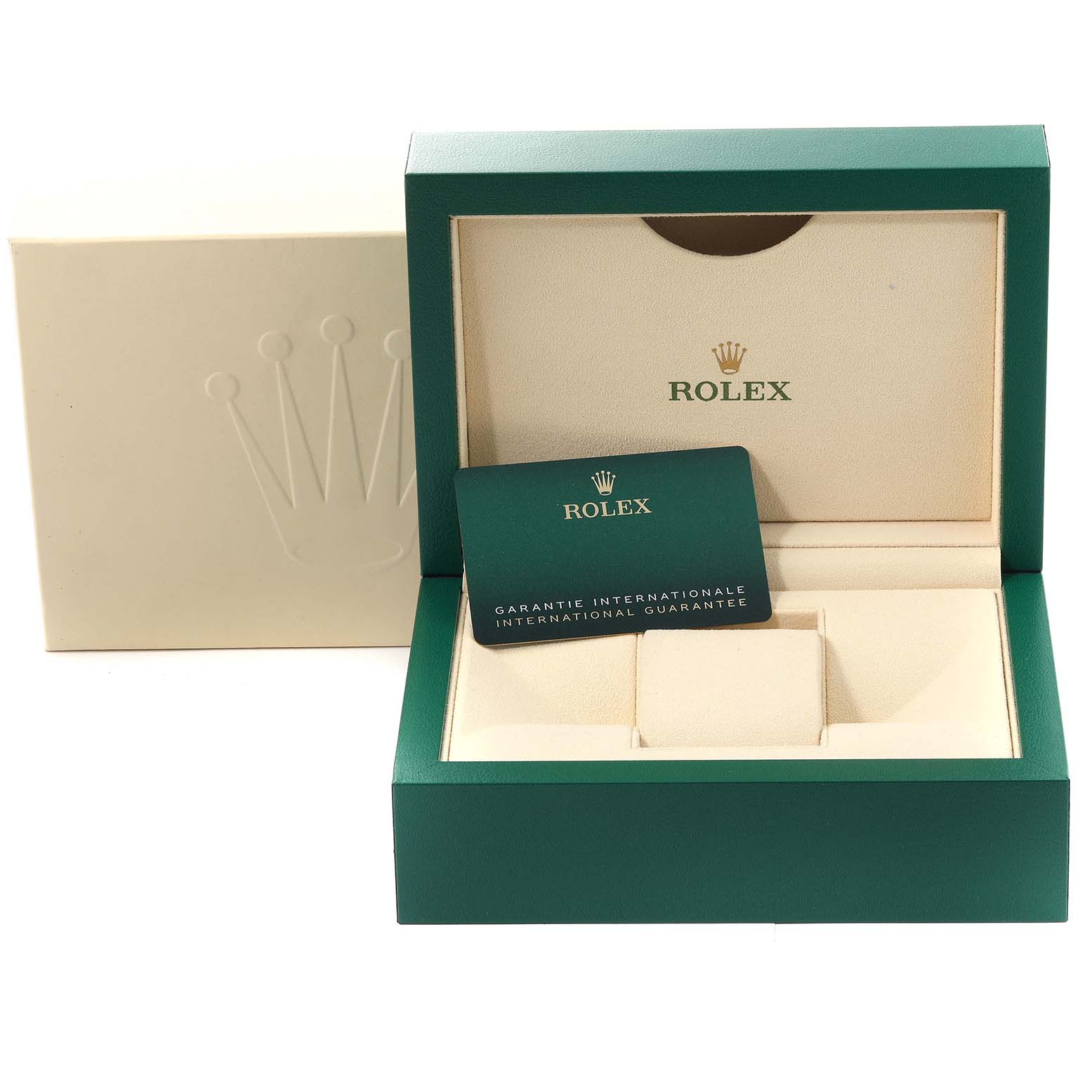 The image shows a Rolex Daytona 116500LN Men's Stainless Steel Black Dial 116500LN Men's Stainless Steel Black Dial watch box and a warranty card in a green and beige color scheme.