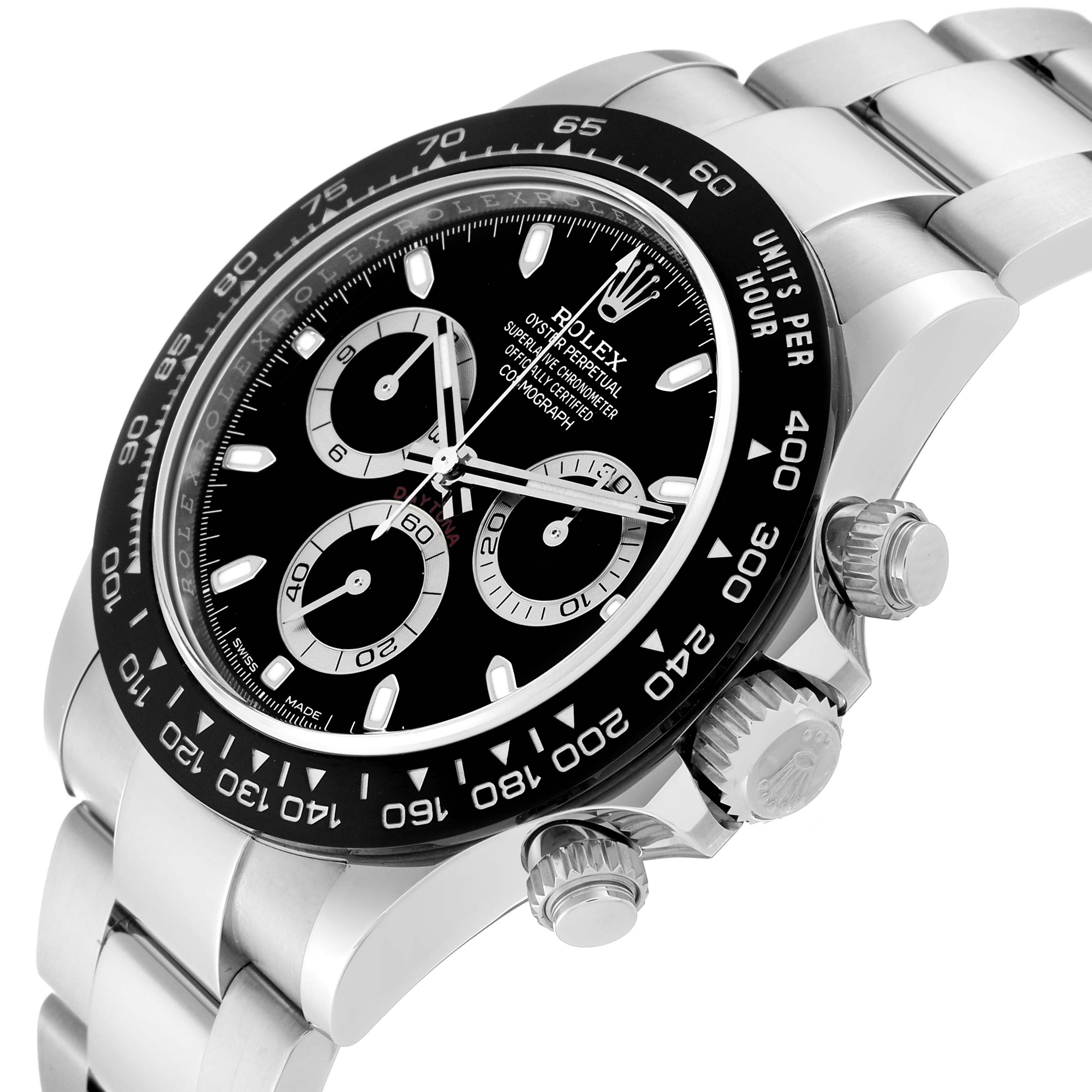 This image shows a side-view angle of a Rolex Daytona 116500LN Men's Stainless Steel Black Dial 116500LN Men's Stainless Steel Black Dial watch, highlighting its bezel, dial, crown, and bracelet.