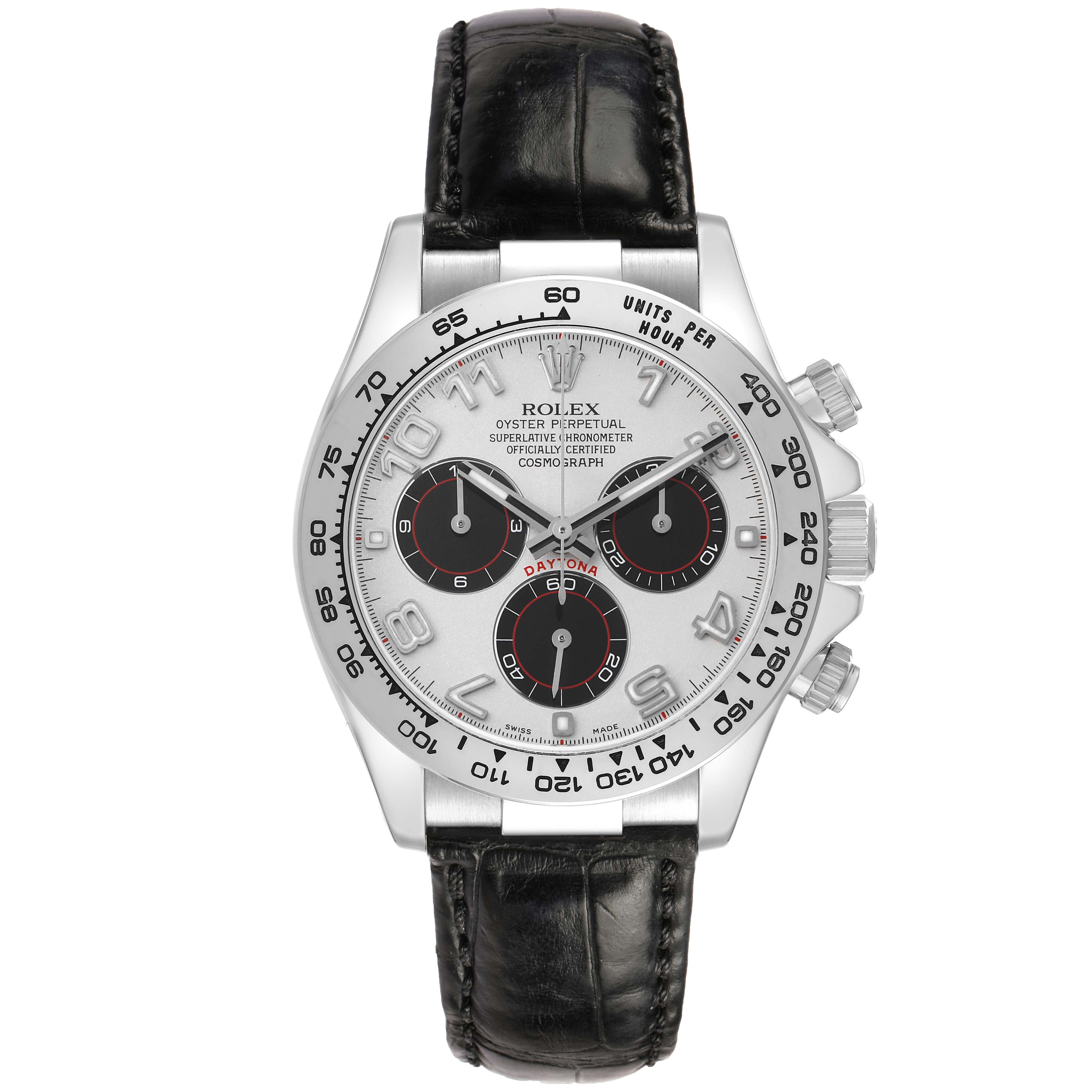 The Rolex Daytona 116519 Men's White Gold Silver Dial watch is shown from the front, displaying its dial, subdials, bezel, and leather strap.