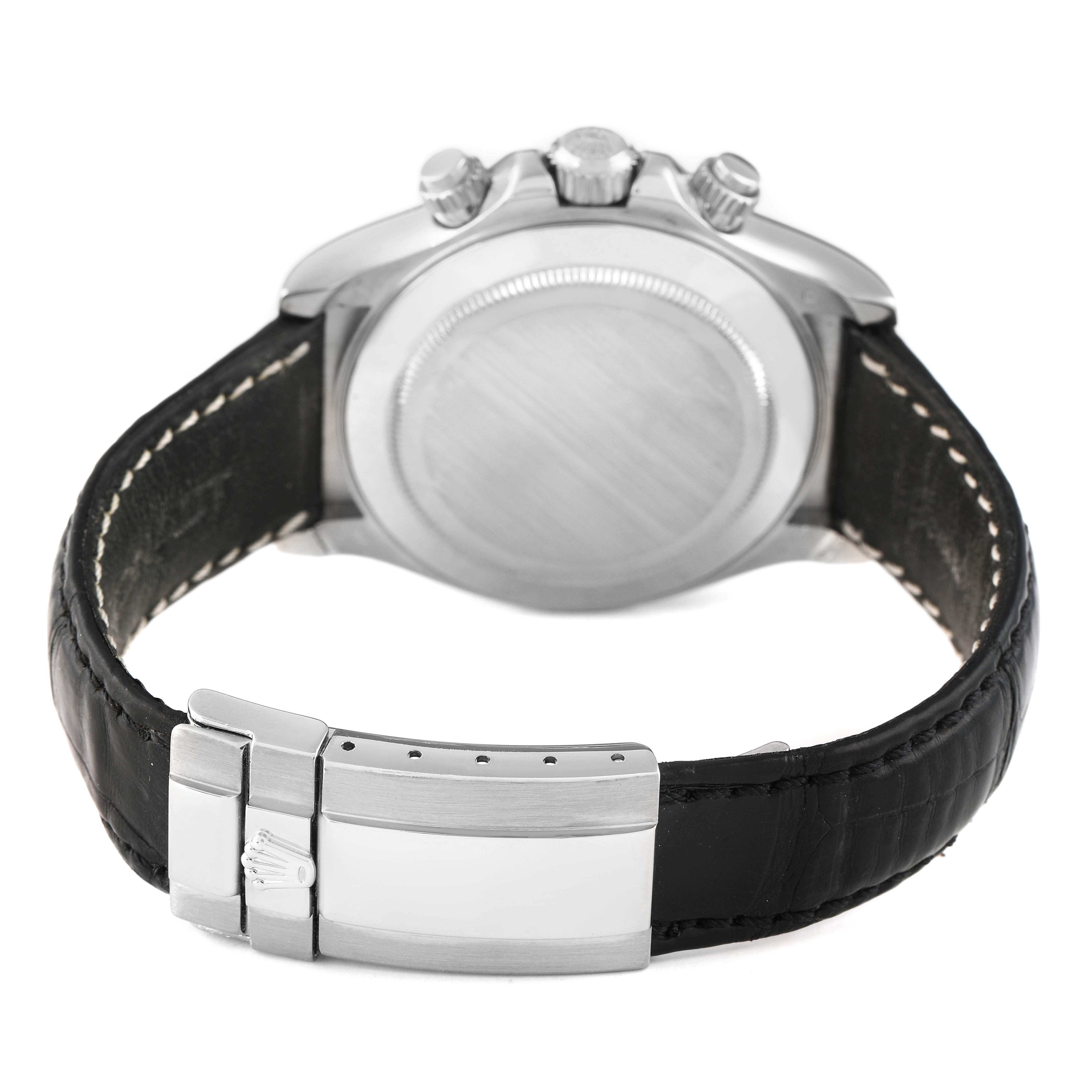 The image shows the back of a Rolex Daytona 116519 Men's White Gold Silver Dial watch, highlighting the case back, crown, push buttons, and clasp.