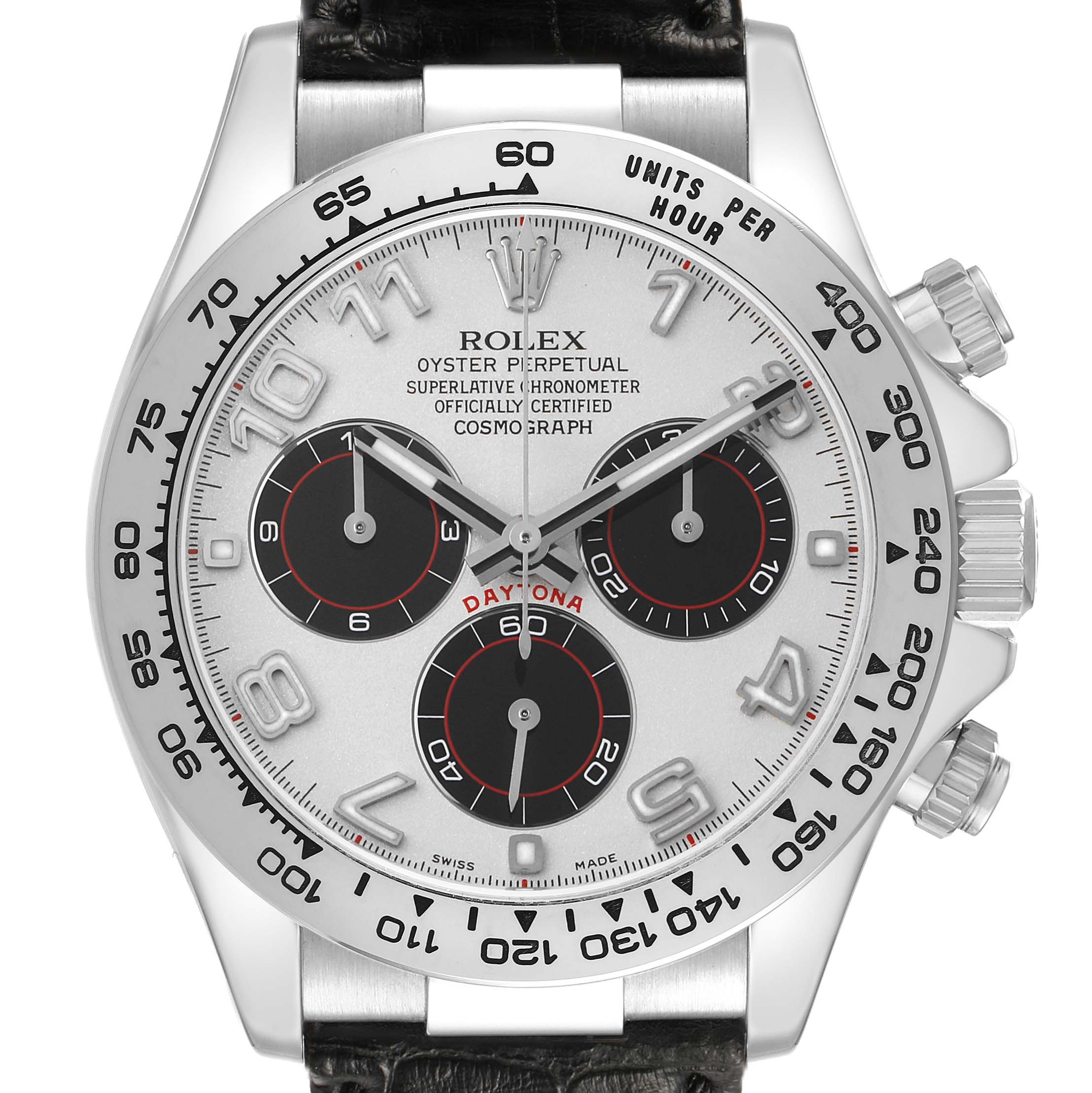 The image shows a front view of the Rolex Daytona 116519 Men's White Gold Silver Dial watch, highlighting the dial, bezel, and chronograph subdials.