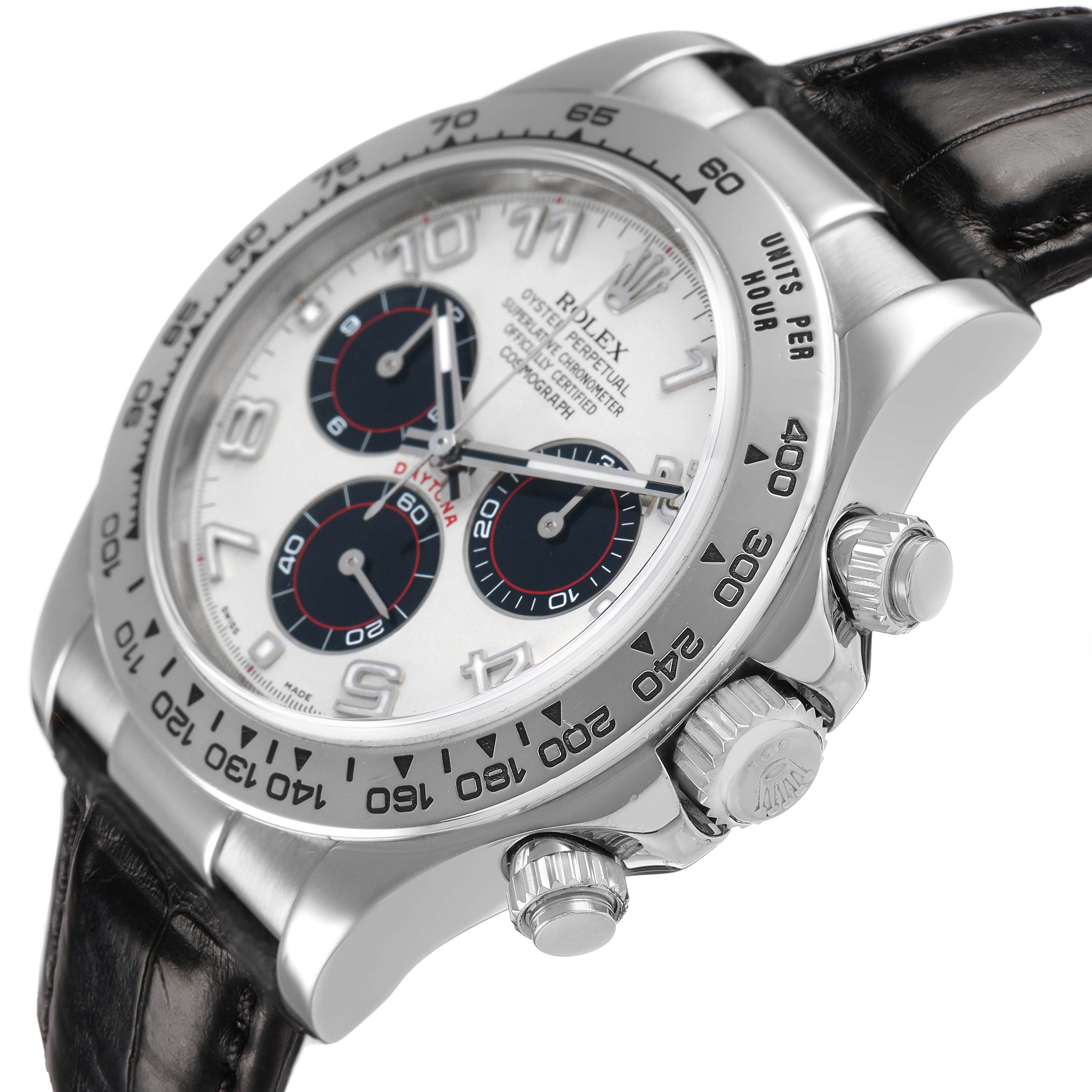 The Rolex Daytona 116519 Men's White Gold Silver Dial watch is shown at a slight angle highlighting the bezel, dial, and crown, with a black leather strap.