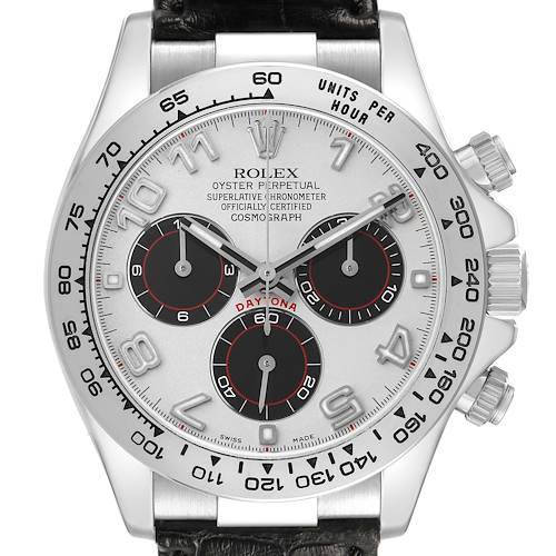 This image shows a frontal view of the Rolex Daytona 116519 Men's White Gold Silver Dial watch, highlighting the dial, sub-dials, bezel, and crown.