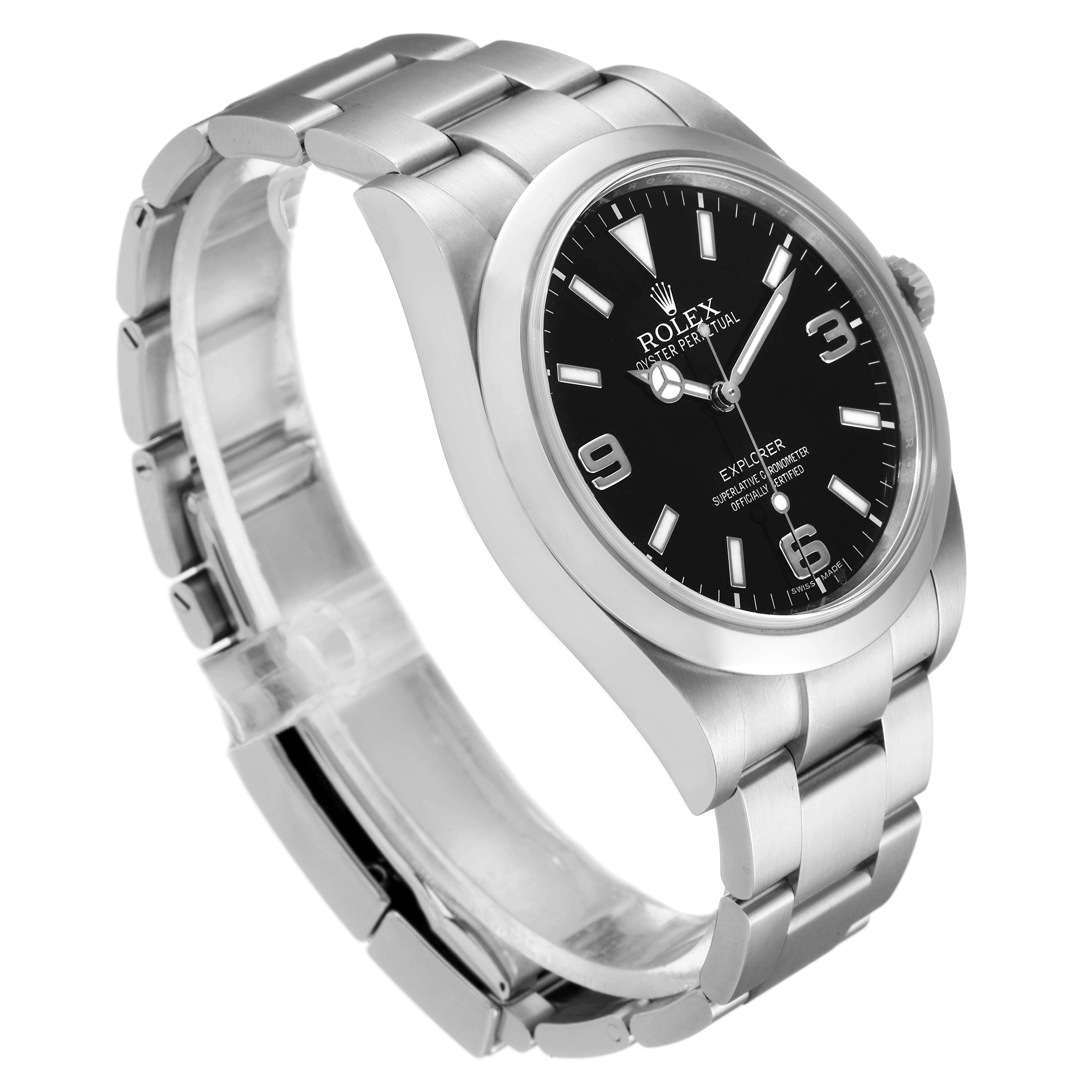 The image shows a side angle of a Rolex Explorer 214270 Men
s Stainless Steel Black Dial 214270 Men
s Stainless Steel Black Dial watch, highlighting the case, dial, and bracelet.