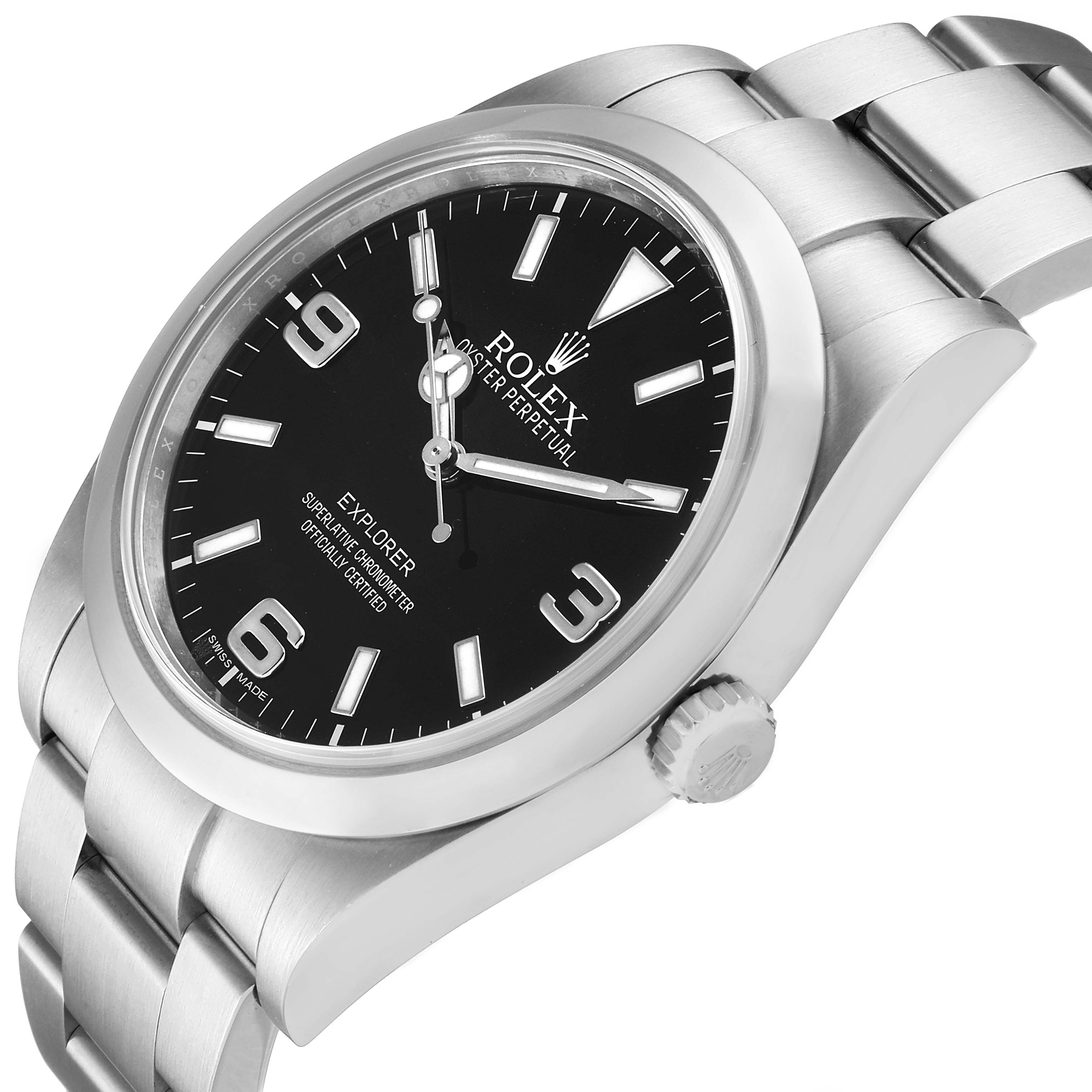 The image shows a side and front angle of the Rolex Explorer 214270 Men
s Stainless Steel Black Dial 214270 Men
s Stainless Steel Black Dial watch, highlighting its dial, bezel, crown, and bracelet.