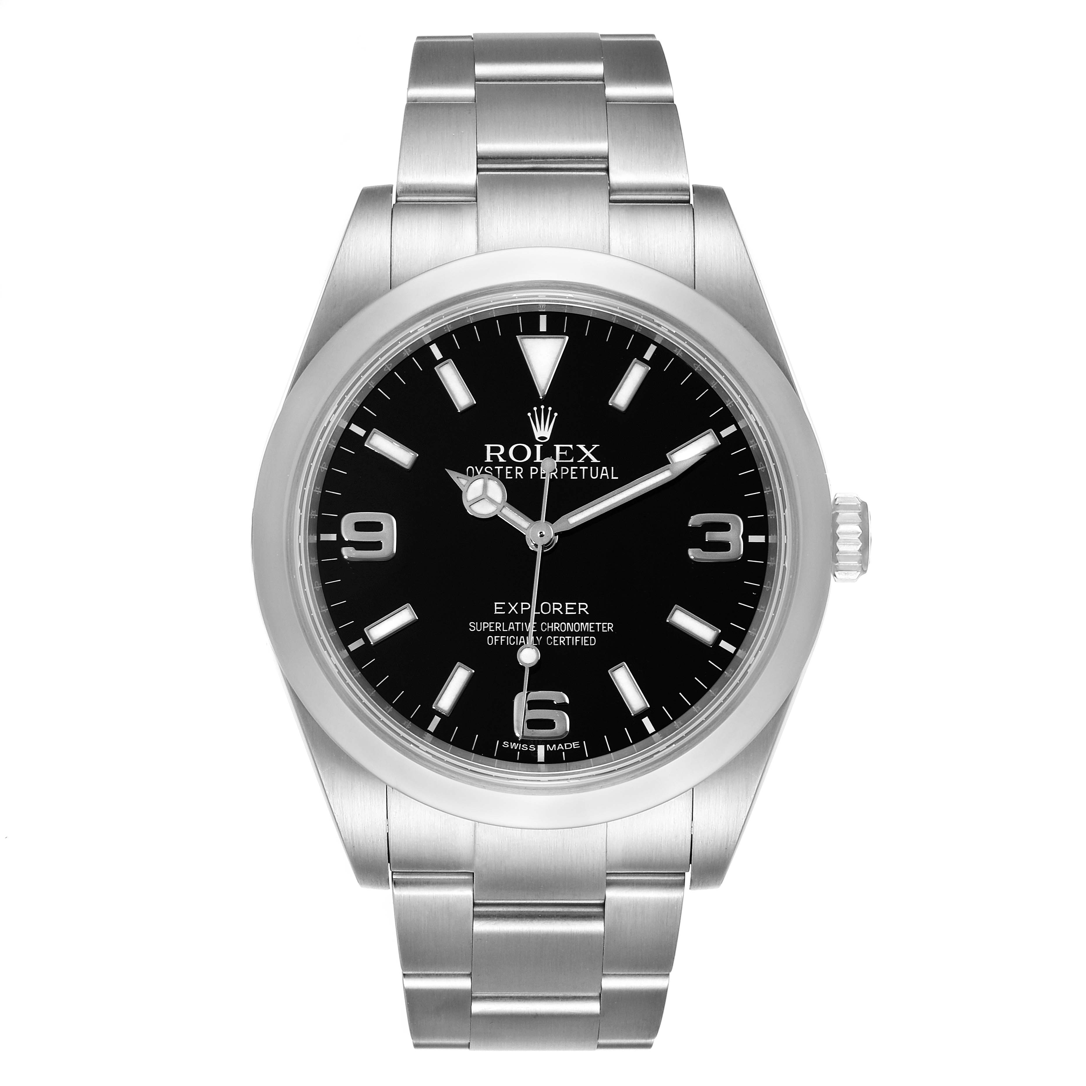 This image shows a front view of a Rolex Explorer 214270 Men
s Stainless Steel Black Dial 214270 Men
s Stainless Steel Black Dial watch, displaying its black dial, stainless steel case, and Oyster bracelet.