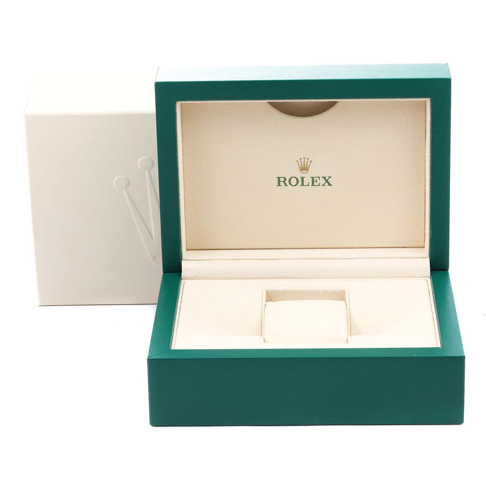 The image shows an open box for a Rolex Explorer 214270 Men
s Stainless Steel Black Dial 214270 Men
s Stainless Steel Black Dial model, highlighting the empty interior with the Rolex logo inside the lid.