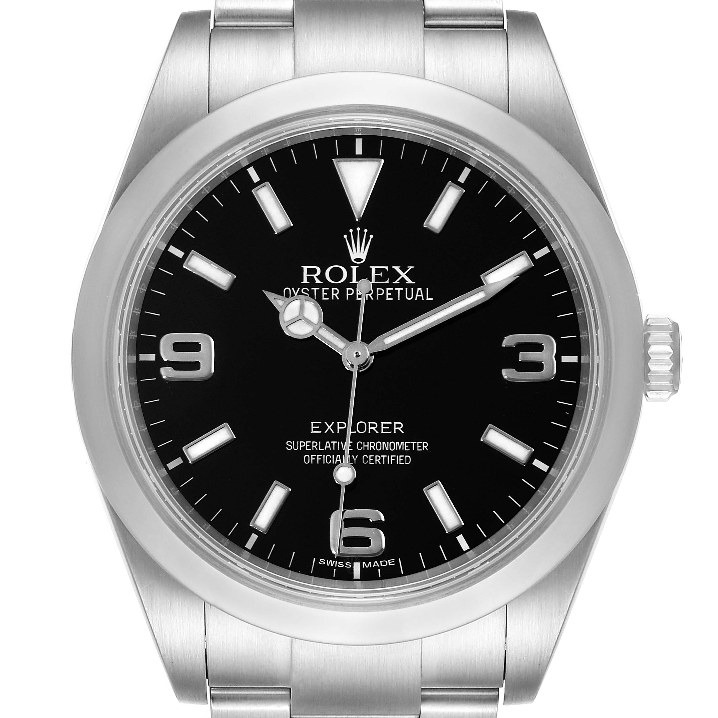 The image shows a front view of the Rolex Explorer 214270 Men
s Stainless Steel Black Dial 214270 Men
s Stainless Steel Black Dial, highlighting its black dial, silver indices, and stainless steel bracelet.