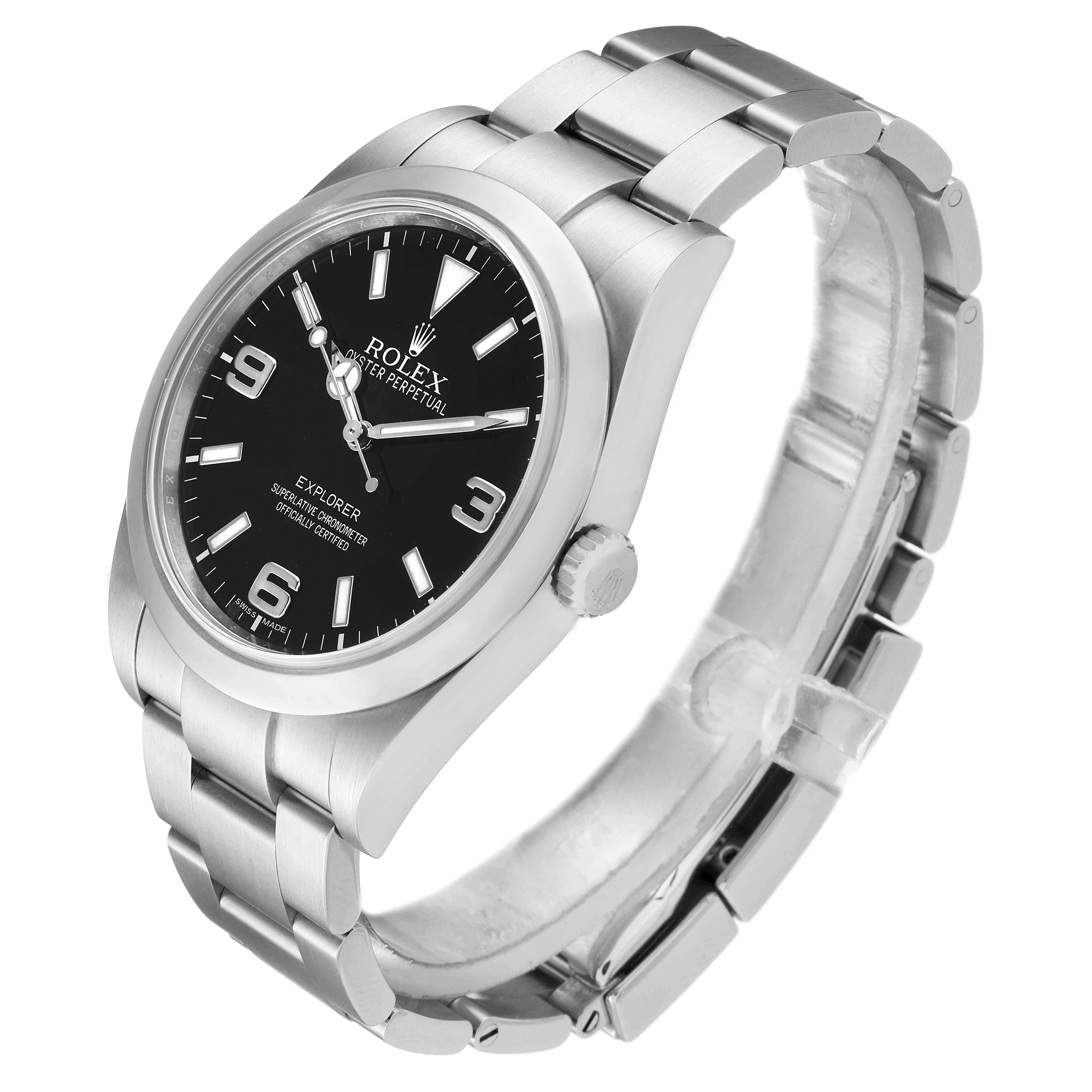 The image shows an angled view of the Rolex Explorer 214270 Men
s Stainless Steel Black Dial 214270 Men
s Stainless Steel Black Dial watch, highlighting the dial, bracelet, and crown.