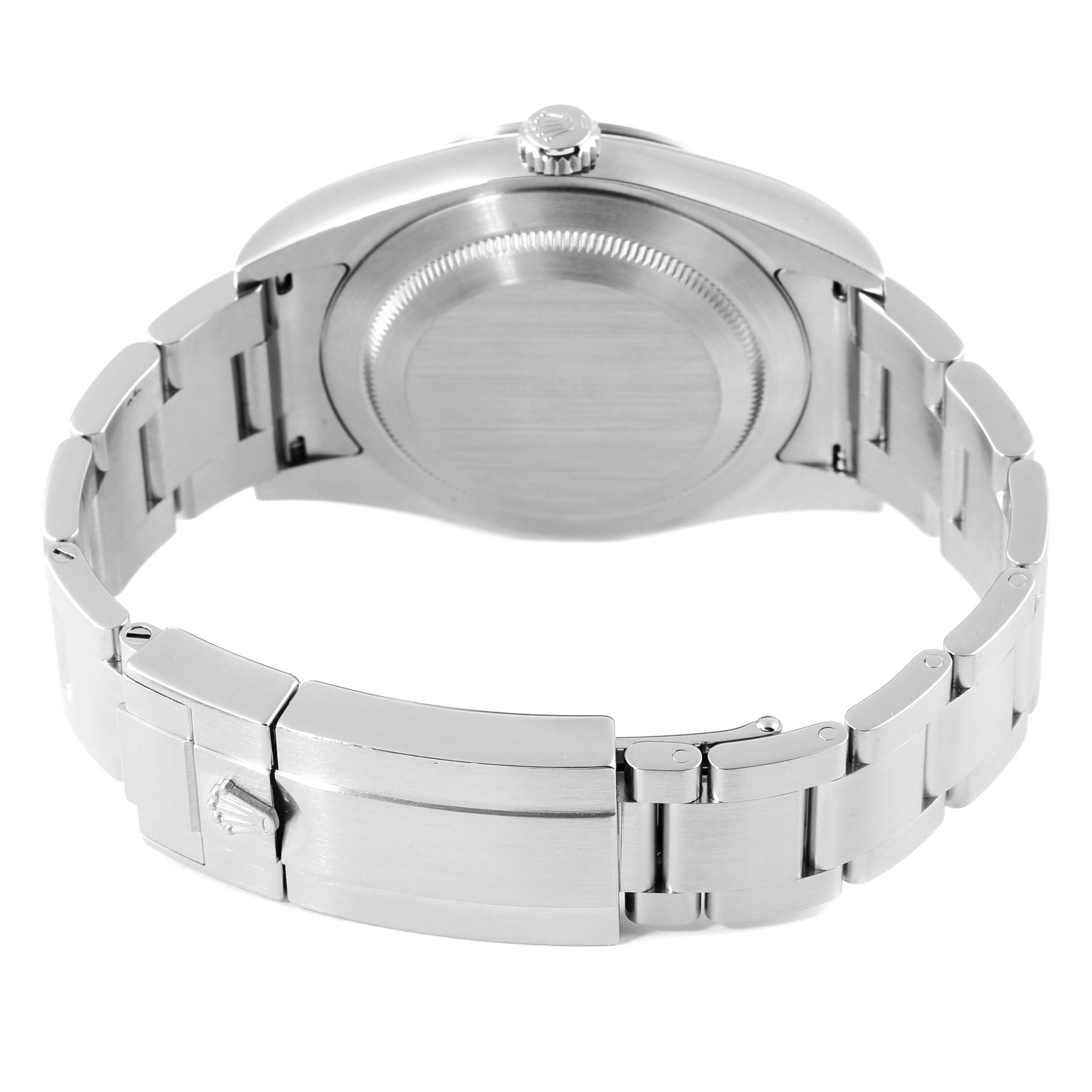 The image shows the backside and bracelet of a Rolex Explorer 214270 Men
s Stainless Steel Black Dial 214270 Men
s Stainless Steel Black Dial watch, focusing on the case back, crown, and clasp.