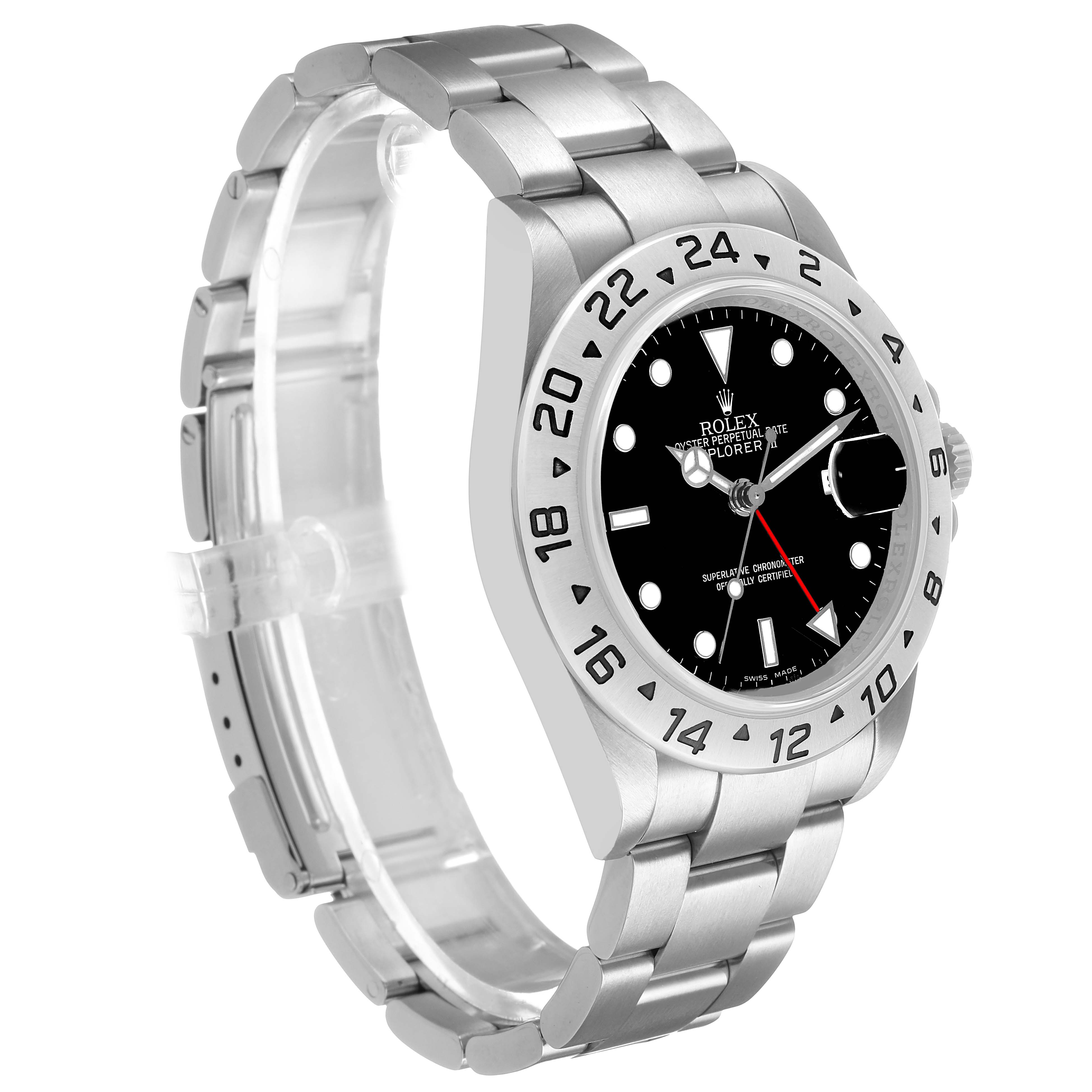 The Rolex Explorer 16570 T Men's Stainless Steel Black Dial watch is shown from a front angle, displaying the dial, bezel, bracelet, and crown.